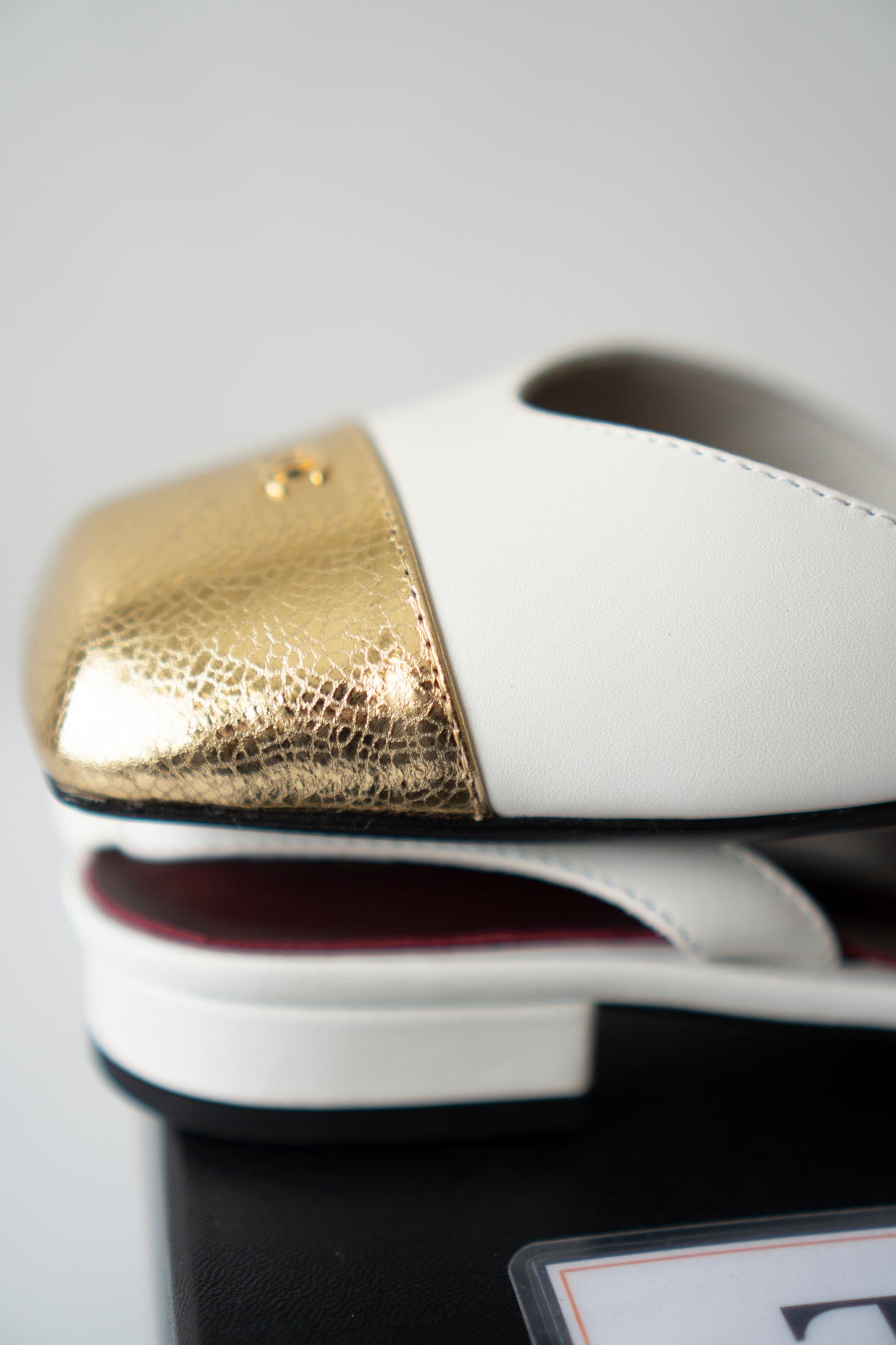 CC Square Toe Slingback – Ivory Lambskin with Metallic Gold Cap Toe