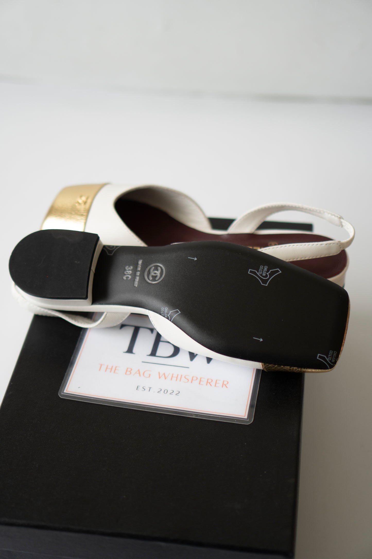 CC Square Toe Slingback – Ivory Lambskin with Metallic Gold Cap Toe