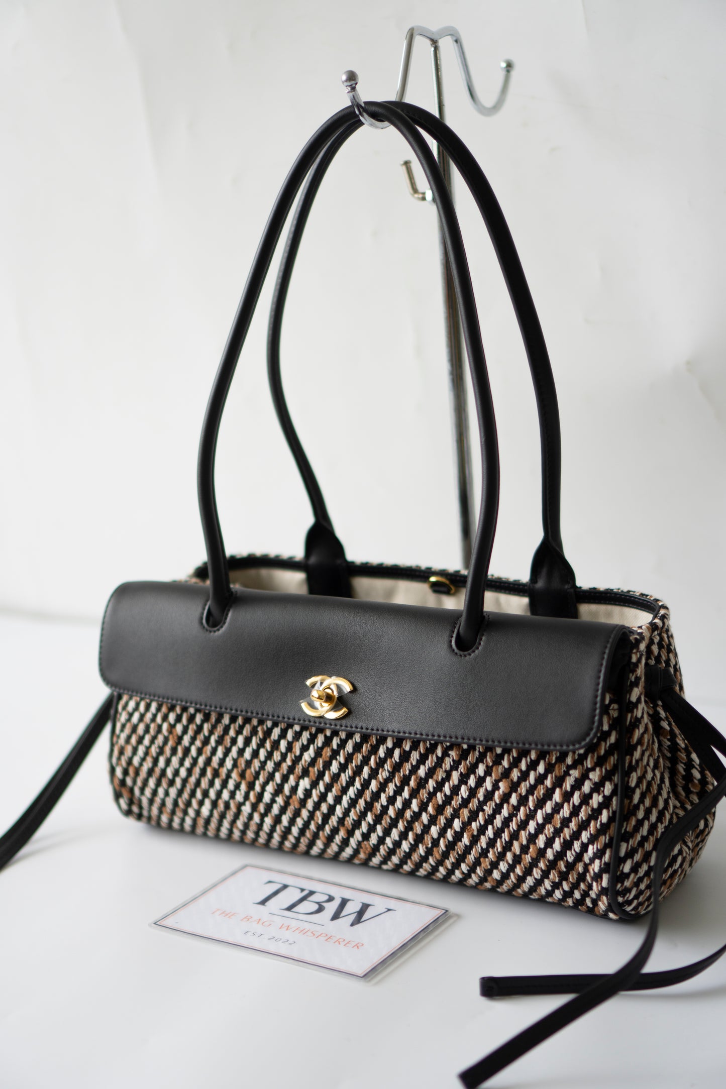 Urban Essentials Small East-West Shopping Bag – Black Calfskin & Multitone Tweed with Gold Hardware