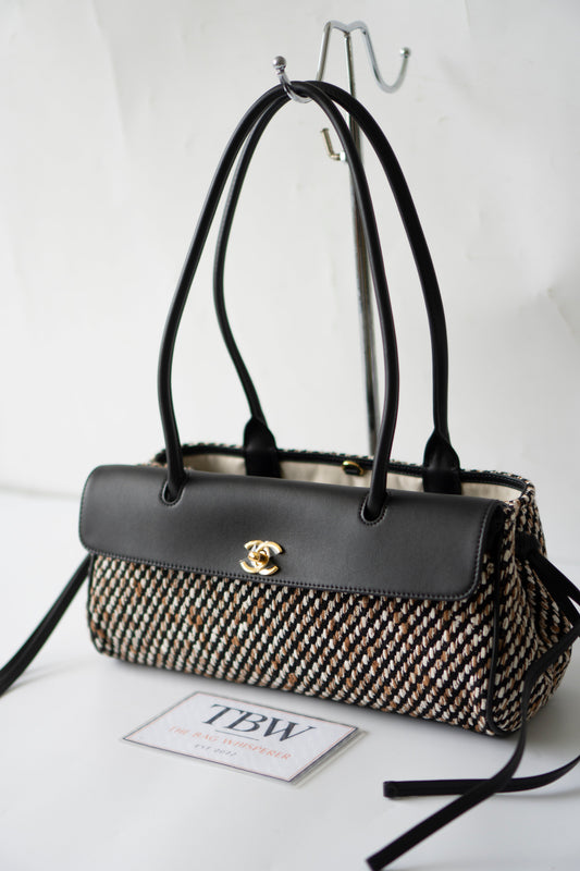 Urban Essentials Small East-West Shopping Bag – Black Calfskin & Multitone Tweed with Gold Hardware