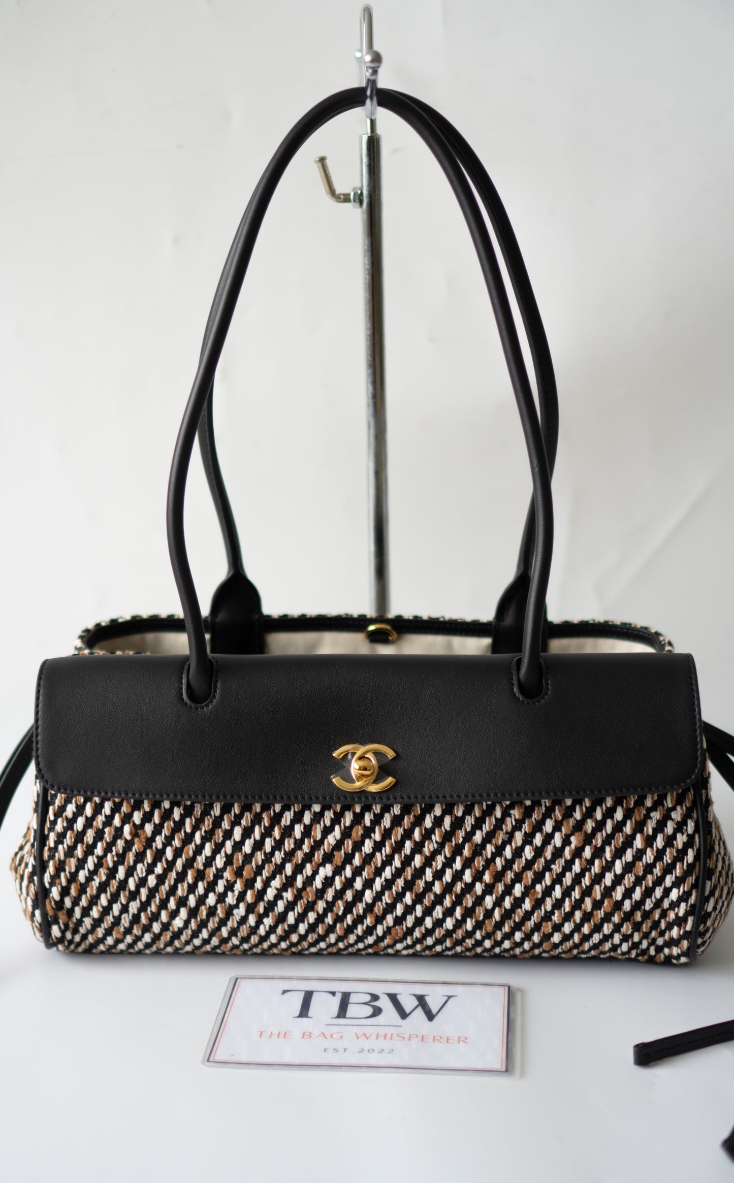 Urban Essentials Small East-West Shopping Bag – Black Calfskin & Multitone Tweed with Gold Hardware