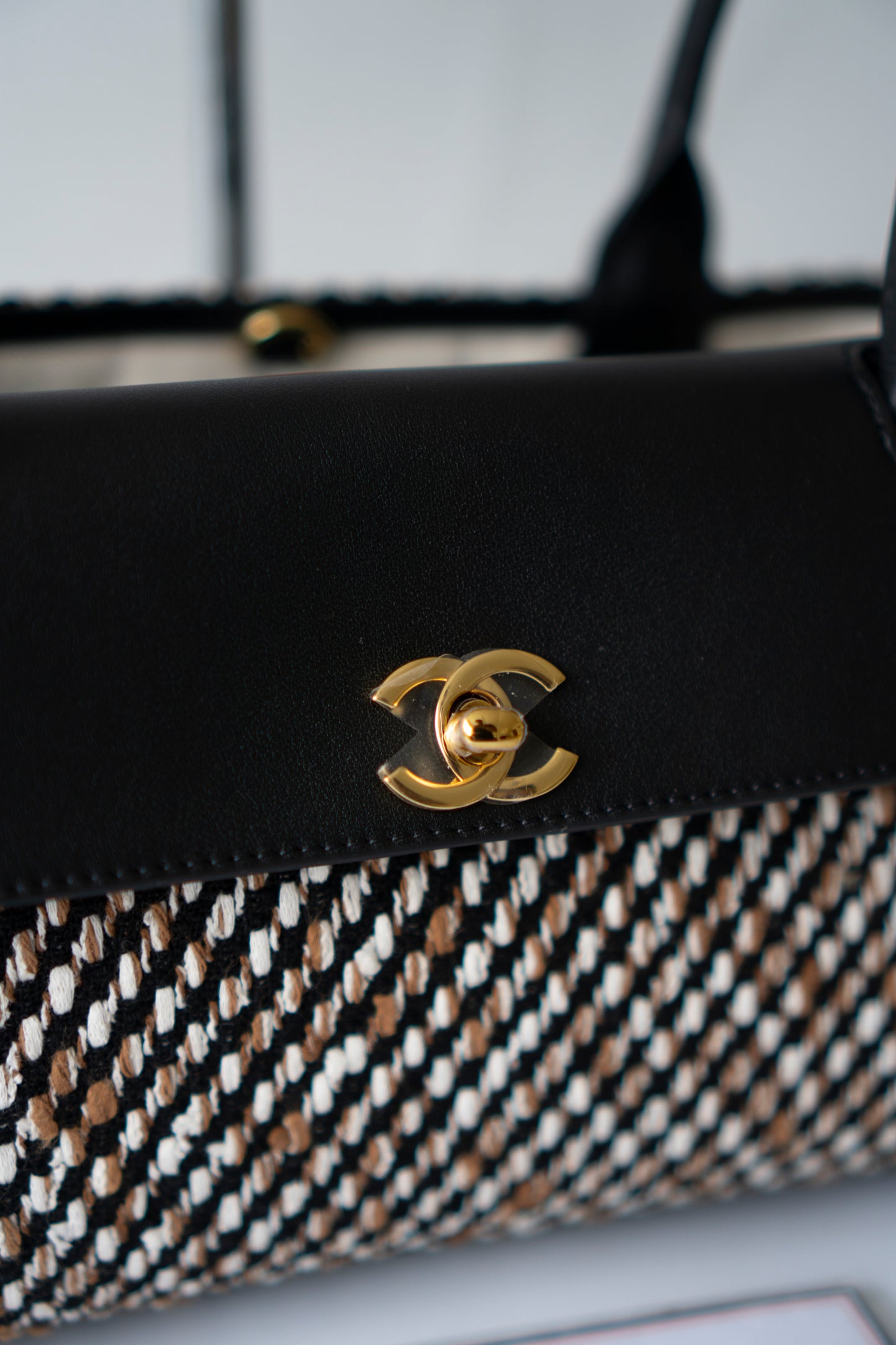 Urban Essentials Small East-West Shopping Bag – Black Calfskin & Multitone Tweed with Gold Hardware