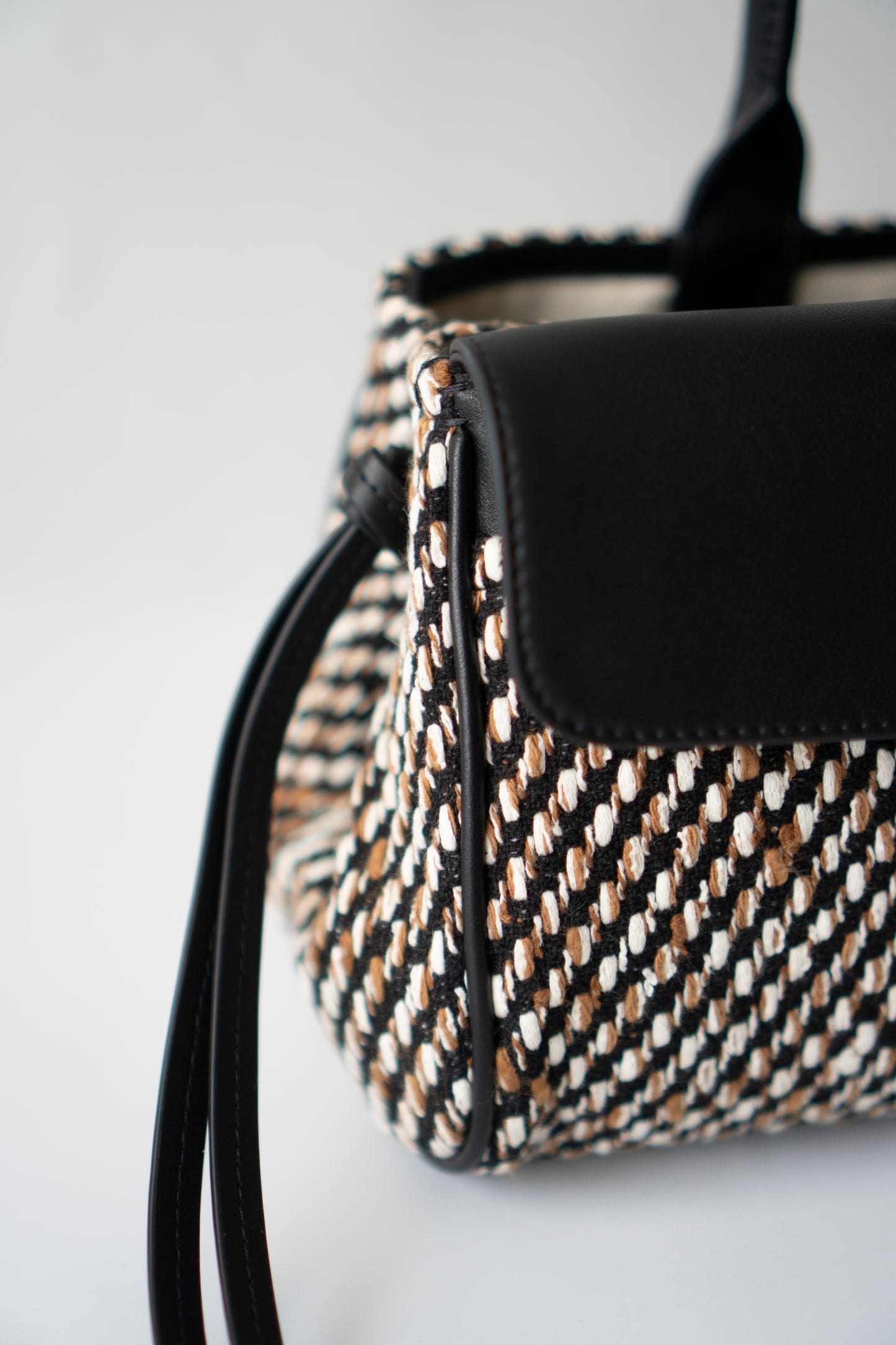 Urban Essentials Small East-West Shopping Bag – Black Calfskin & Multitone Tweed with Gold Hardware