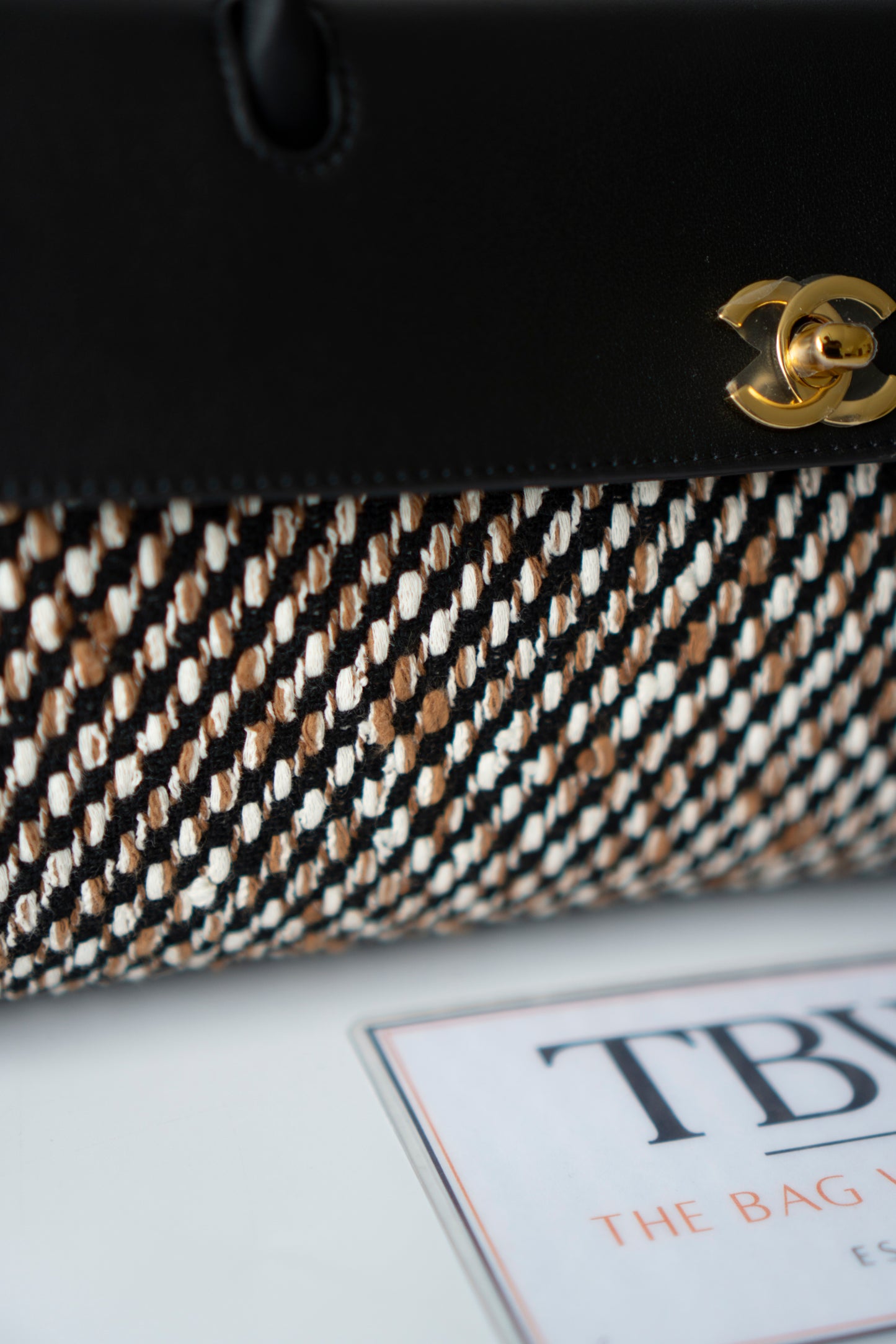 Urban Essentials Small East-West Shopping Bag – Black Calfskin & Multitone Tweed with Gold Hardware