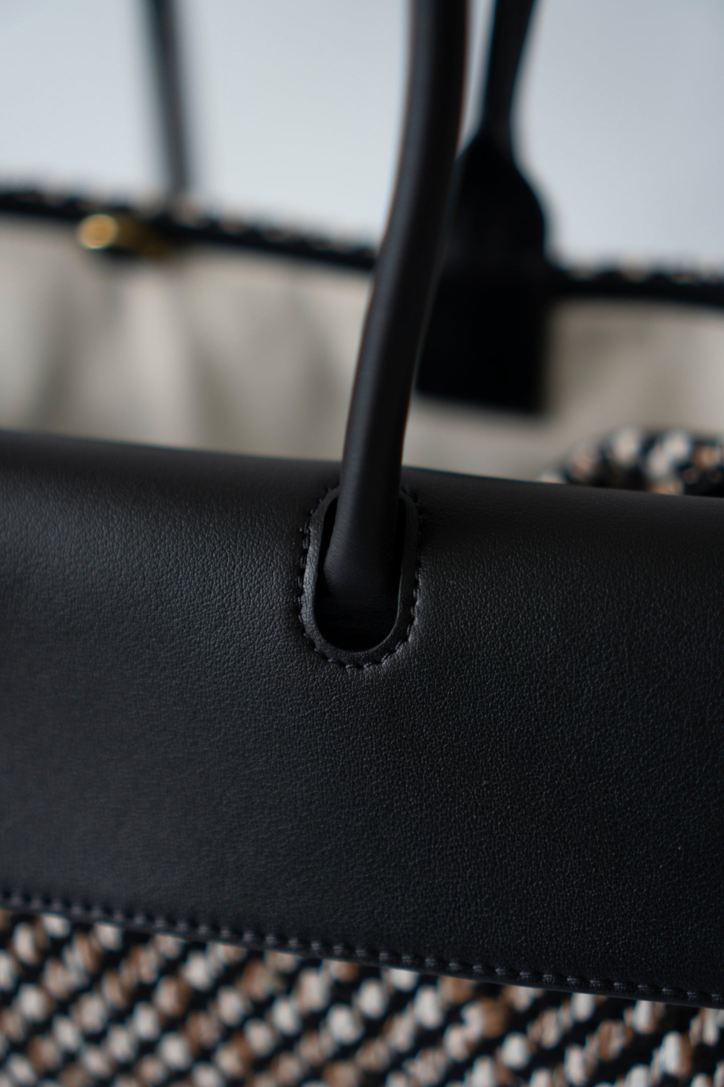Urban Essentials Small East-West Shopping Bag – Black Calfskin & Multitone Tweed with Gold Hardware