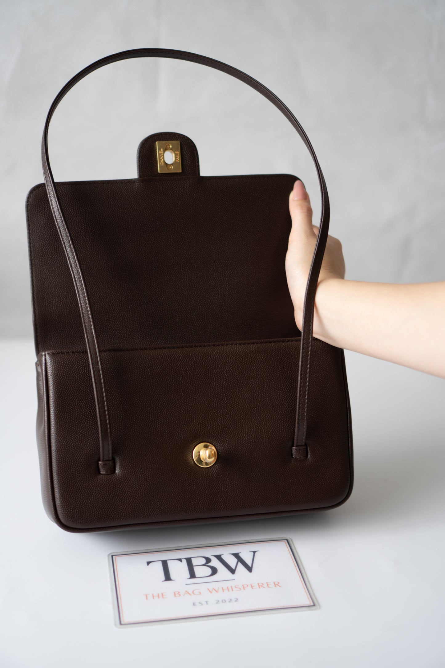 Minimal Flap Bag – Dark Brown Caviar Leather with Gold Hardware