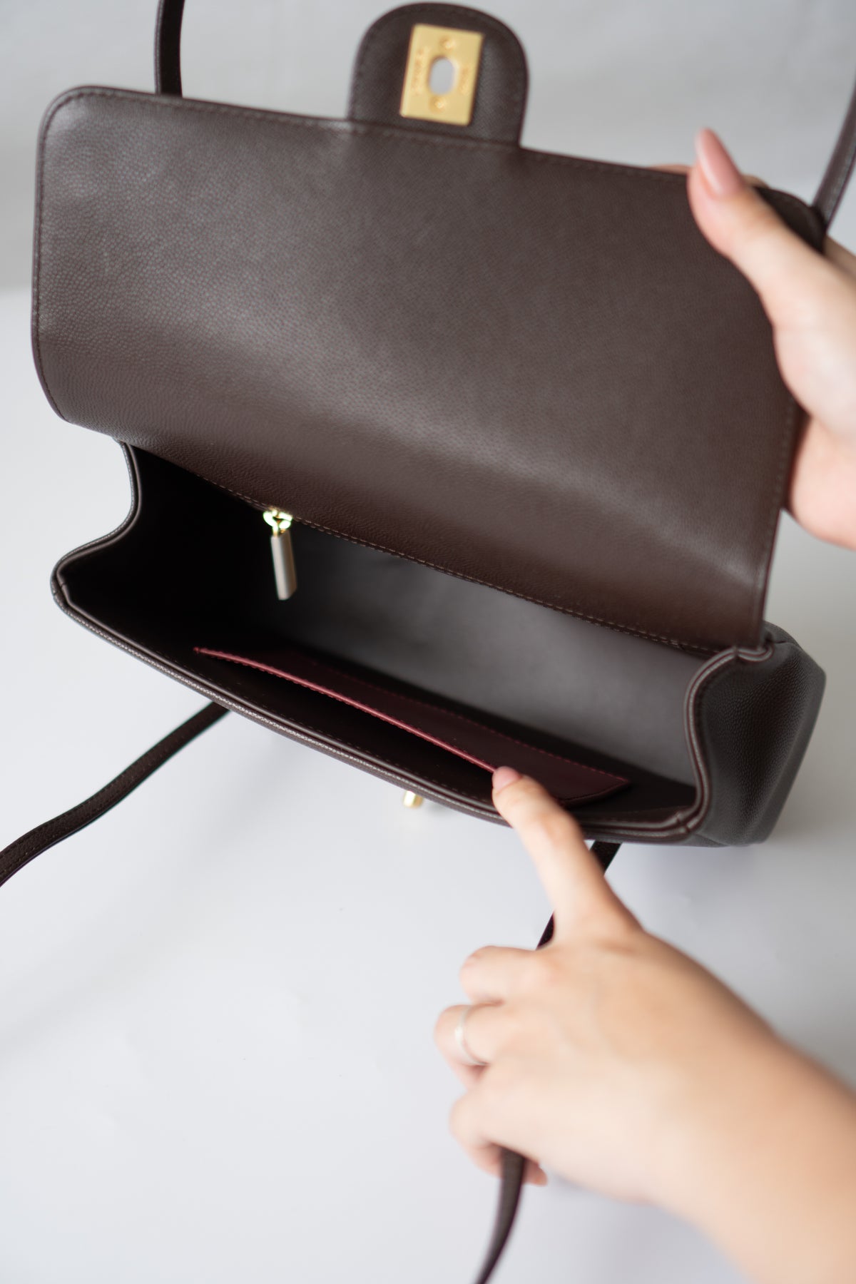 Minimal Flap Bag – Dark Brown Caviar Leather with Gold Hardware