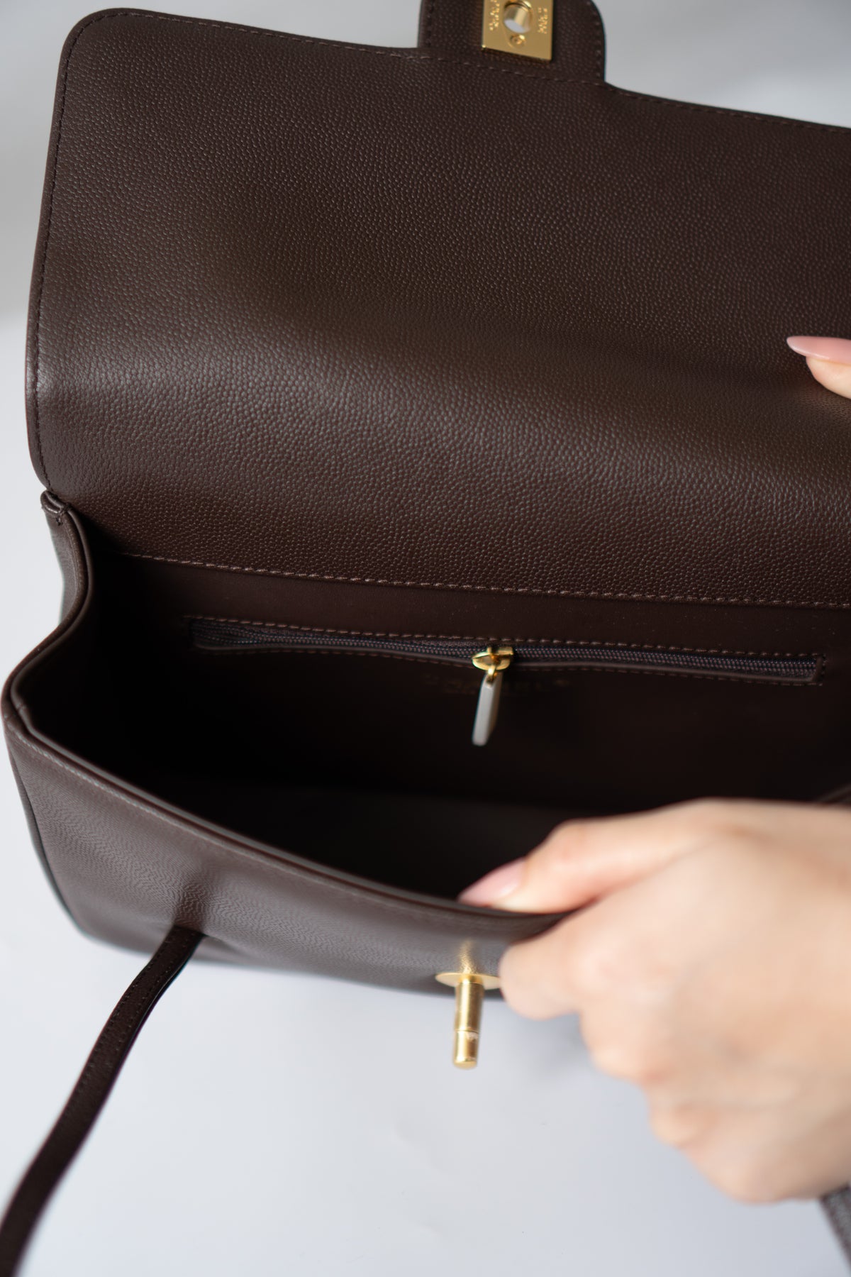 Minimal Flap Bag – Dark Brown Caviar Leather with Gold Hardware