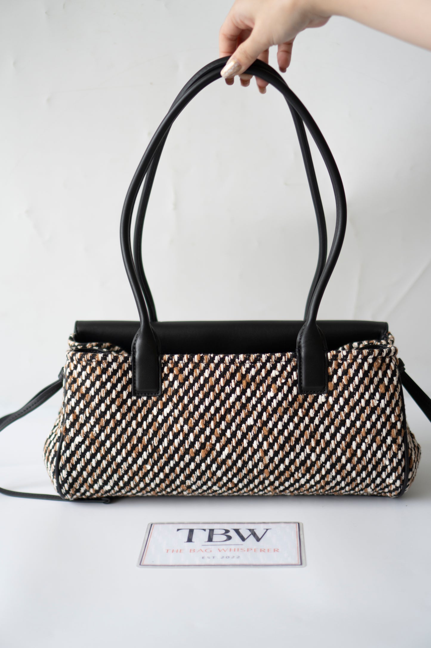 Urban Essentials Small East-West Shopping Bag – Black Calfskin & Multitone Tweed with Gold Hardware