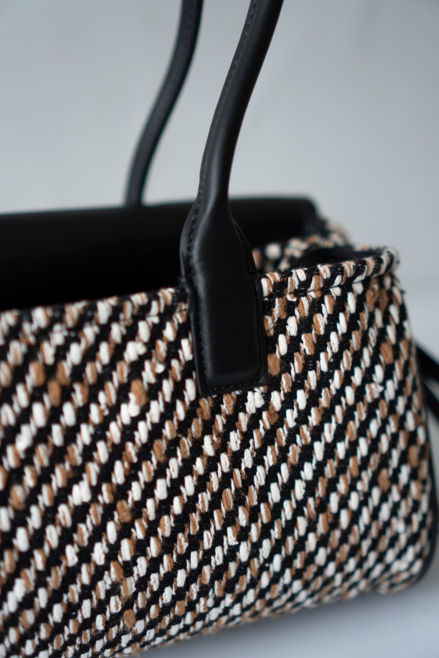 Urban Essentials Small East-West Shopping Bag – Black Calfskin & Multitone Tweed with Gold Hardware