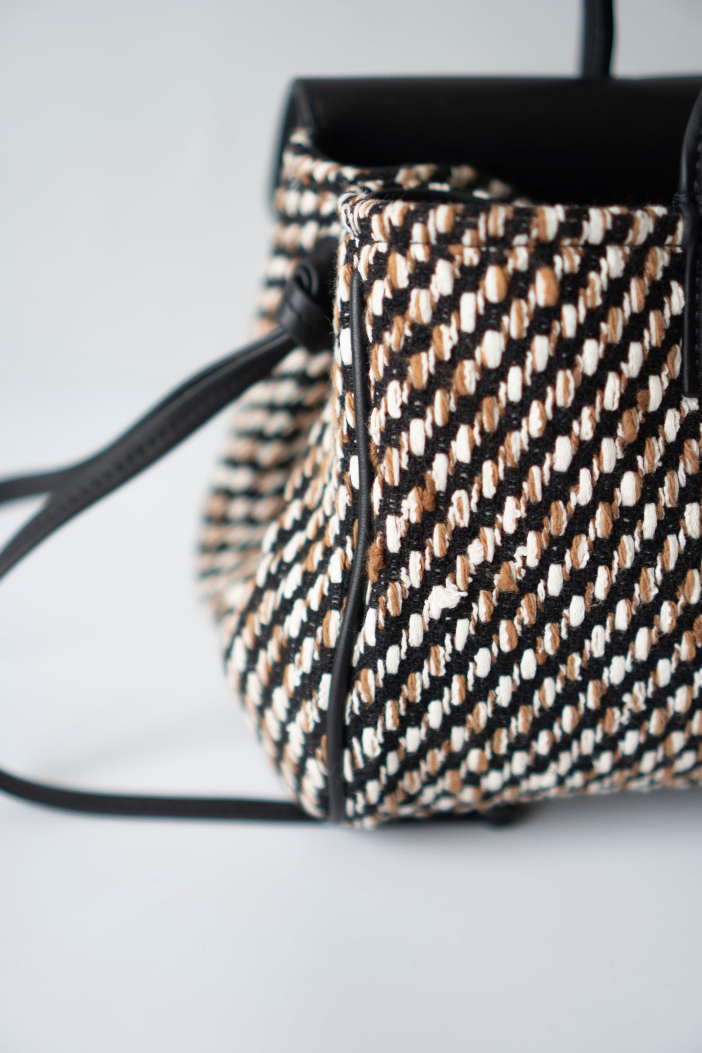 Urban Essentials Small East-West Shopping Bag – Black Calfskin & Multitone Tweed with Gold Hardware