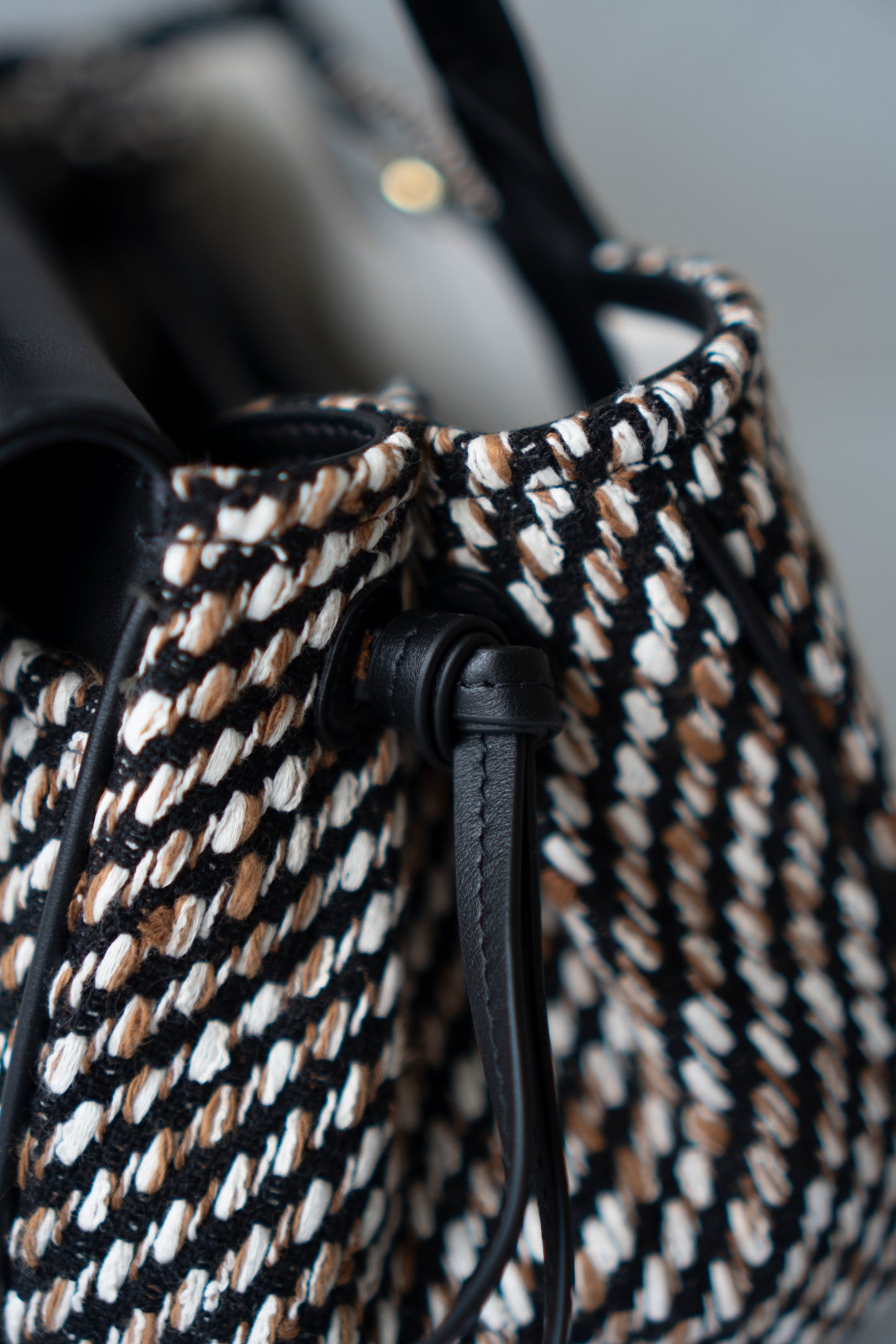 Urban Essentials Small East-West Shopping Bag – Black Calfskin & Multitone Tweed with Gold Hardware