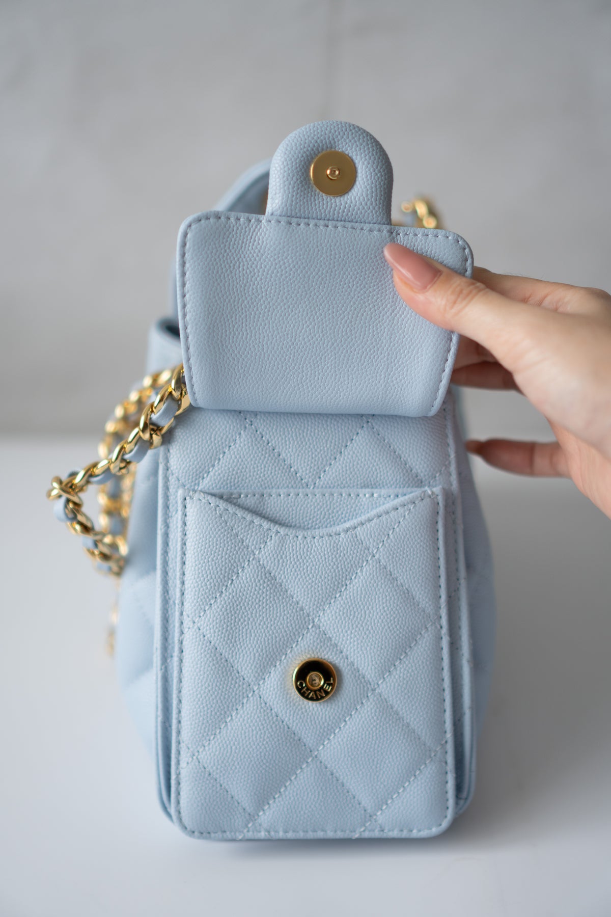 CC Drawstring Bucket Bag – Light Blue Quilted Caviar Leather with Gold Hardware