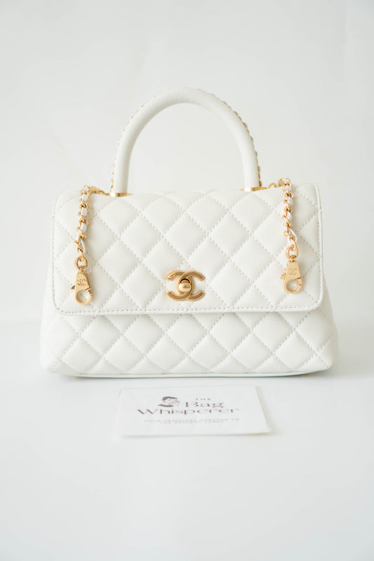 Coco Handle Small Bag – White Quilted Leather with Gold Hardware (23P)