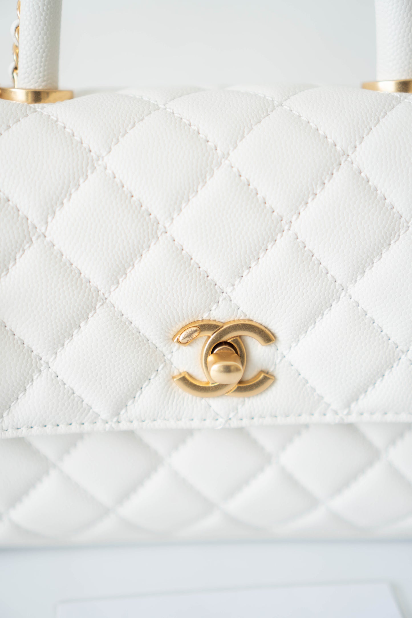 Coco Handle Small Bag – White Quilted Leather with Gold Hardware (23P)