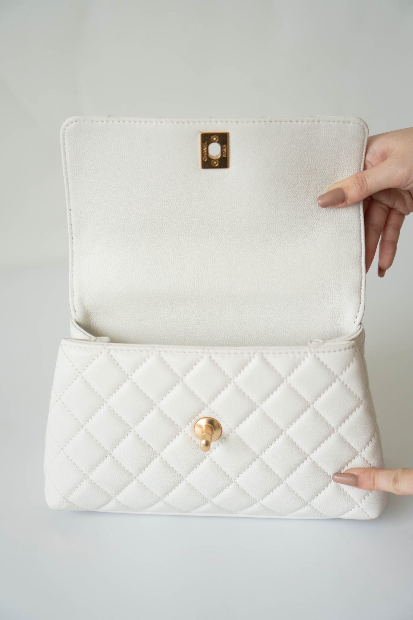 Coco Handle Small Bag – White Quilted Leather with Gold Hardware (23P)