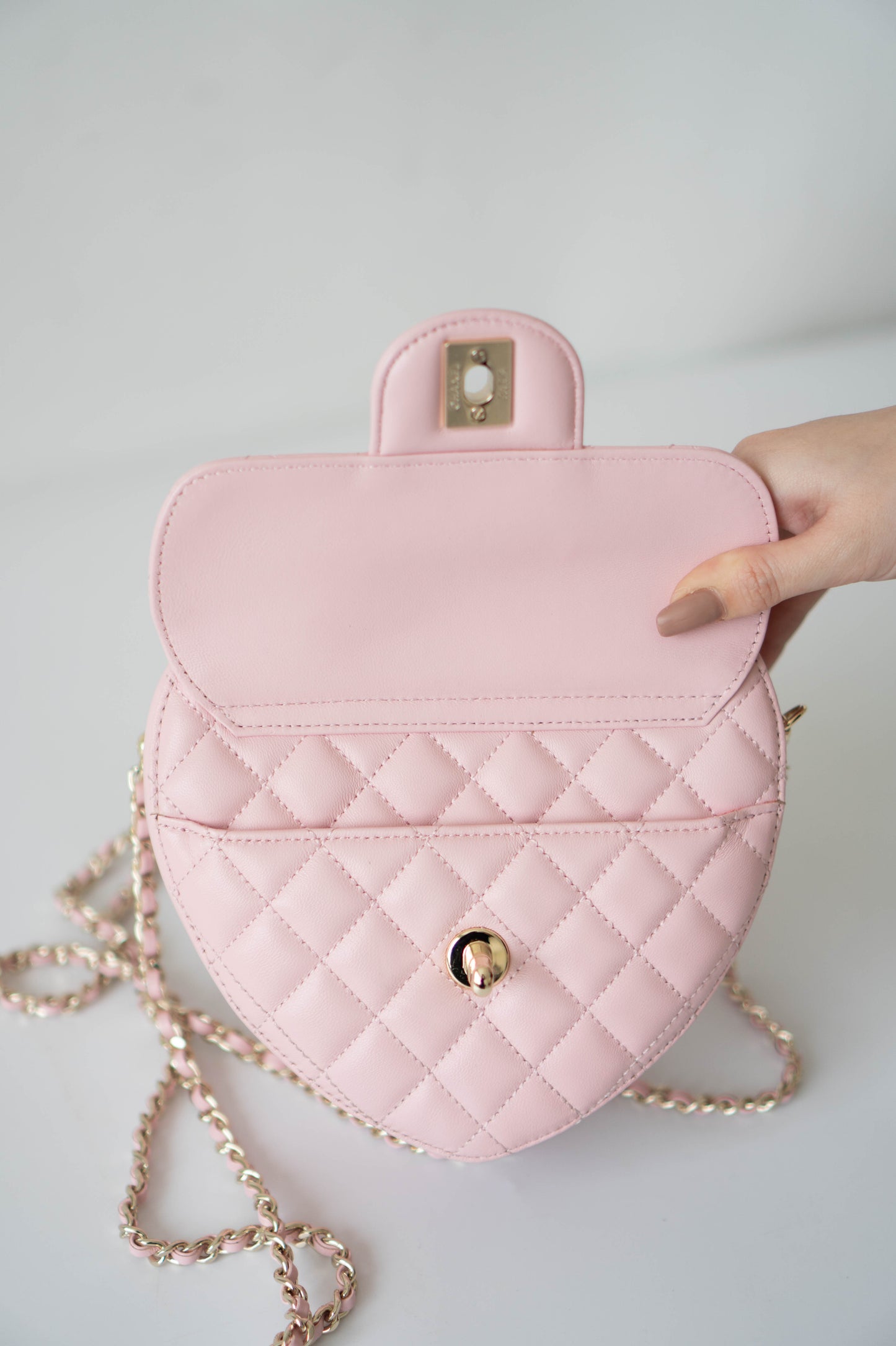 Heart Bag – Pink Quilted Lambskin with Gold Hardware Large