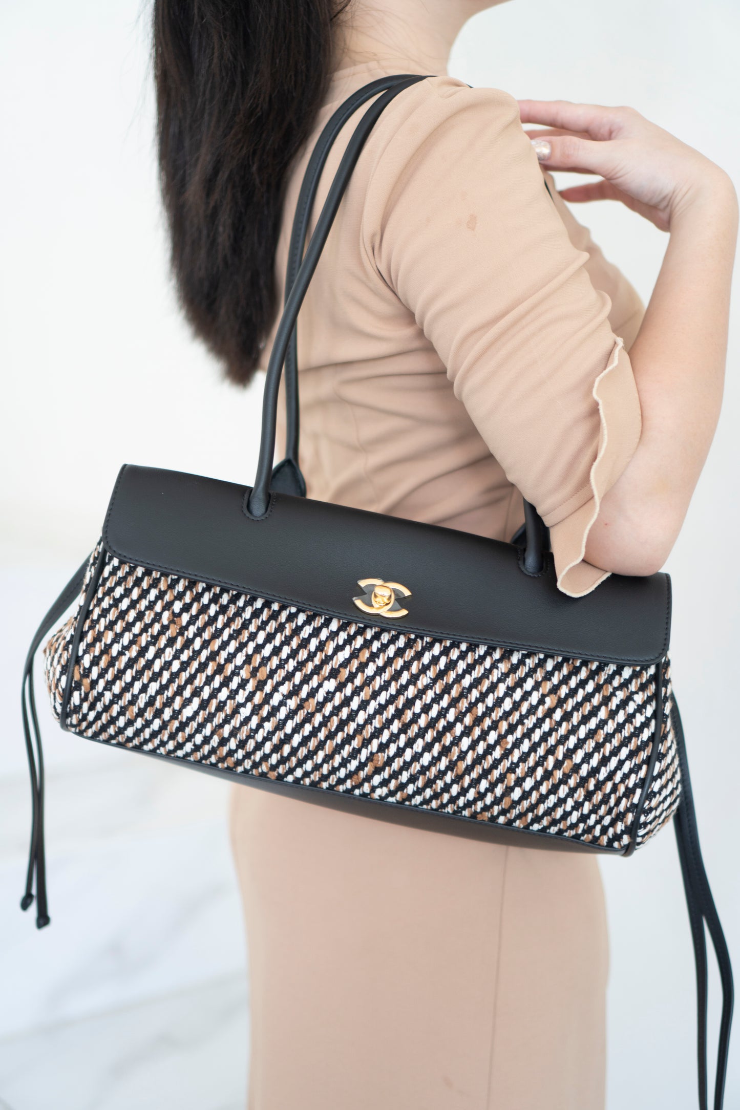 Urban Essentials Small East-West Shopping Bag – Black Calfskin & Multitone Tweed with Gold Hardware