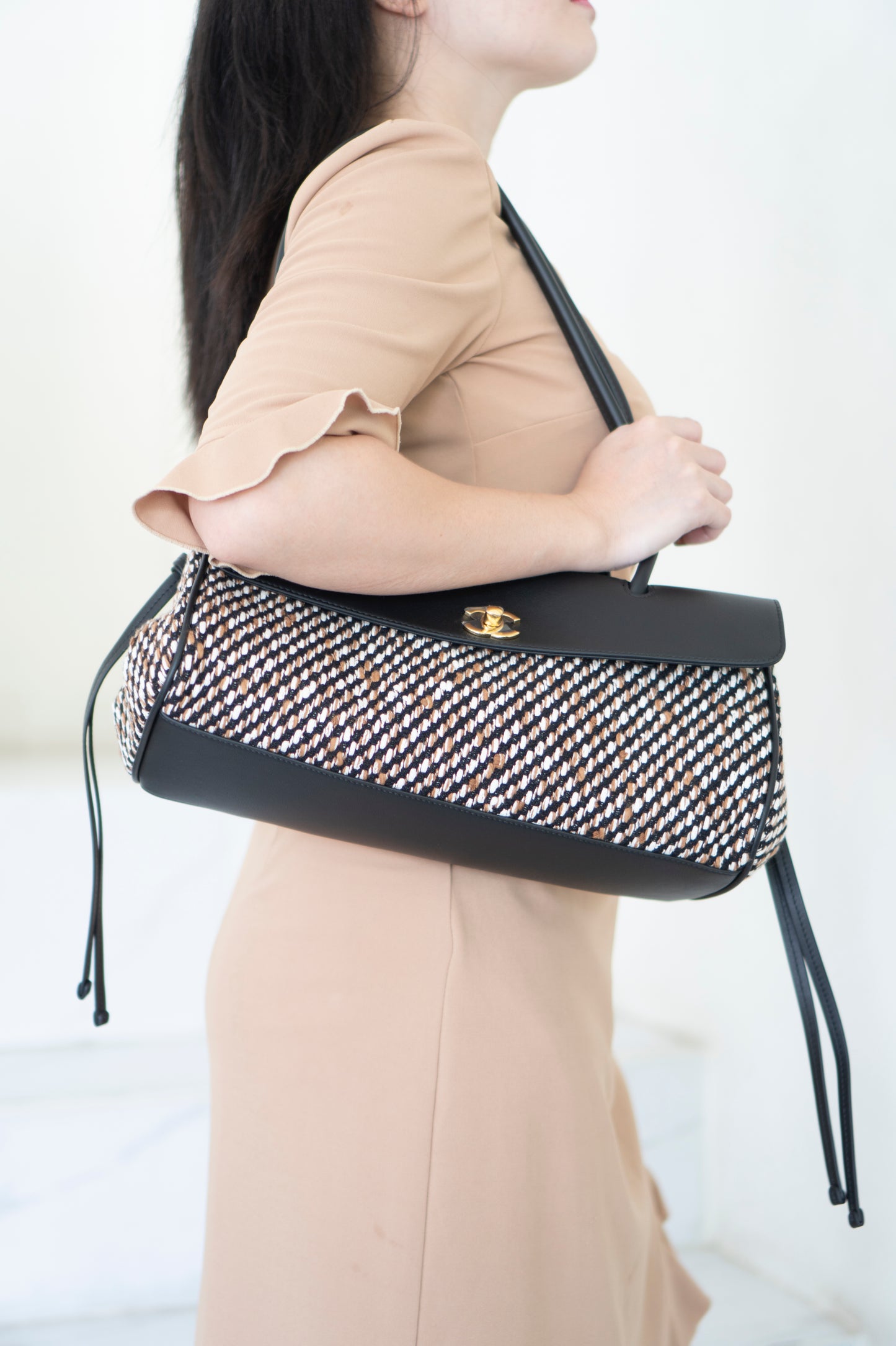 Urban Essentials Small East-West Shopping Bag – Black Calfskin & Multitone Tweed with Gold Hardware