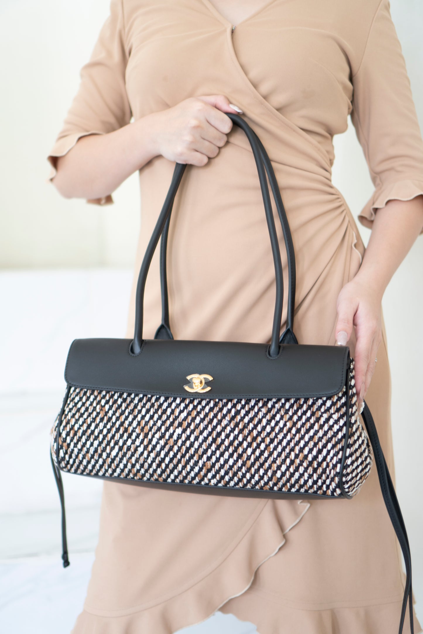 Urban Essentials Small East-West Shopping Bag – Black Calfskin & Multitone Tweed with Gold Hardware
