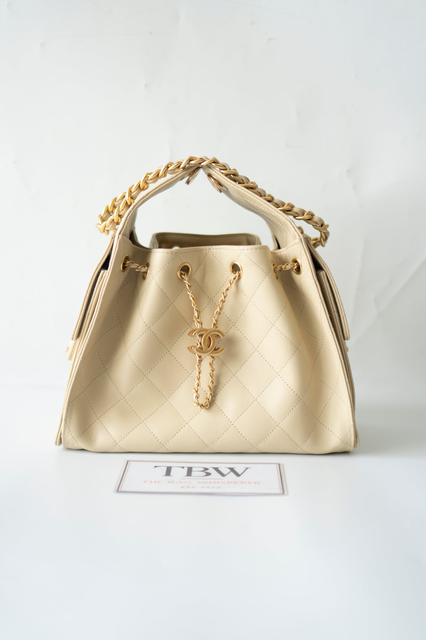 C25 Drawstring Tote in Beige Caviar Leather