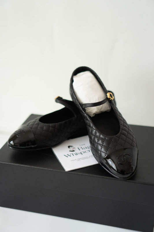 Quilted Ballerina Flats – Black Leather with Patent Toe Cap