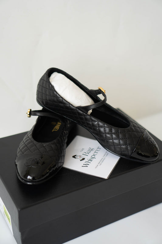 Quilted Ballerina Flats – Black Leather with Patent Toe Cap