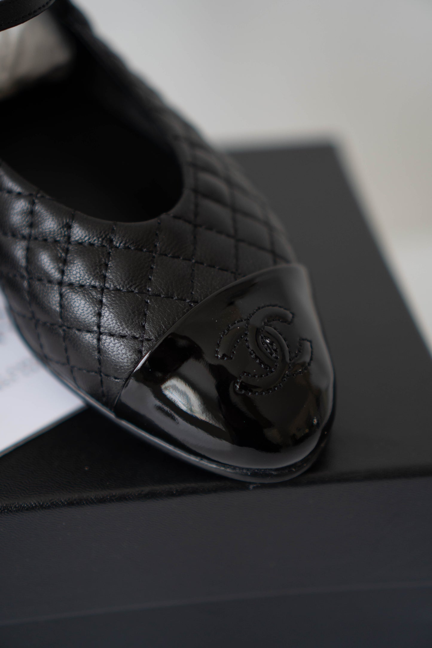 Quilted Ballerina Flats – Black Leather with Patent Toe Cap