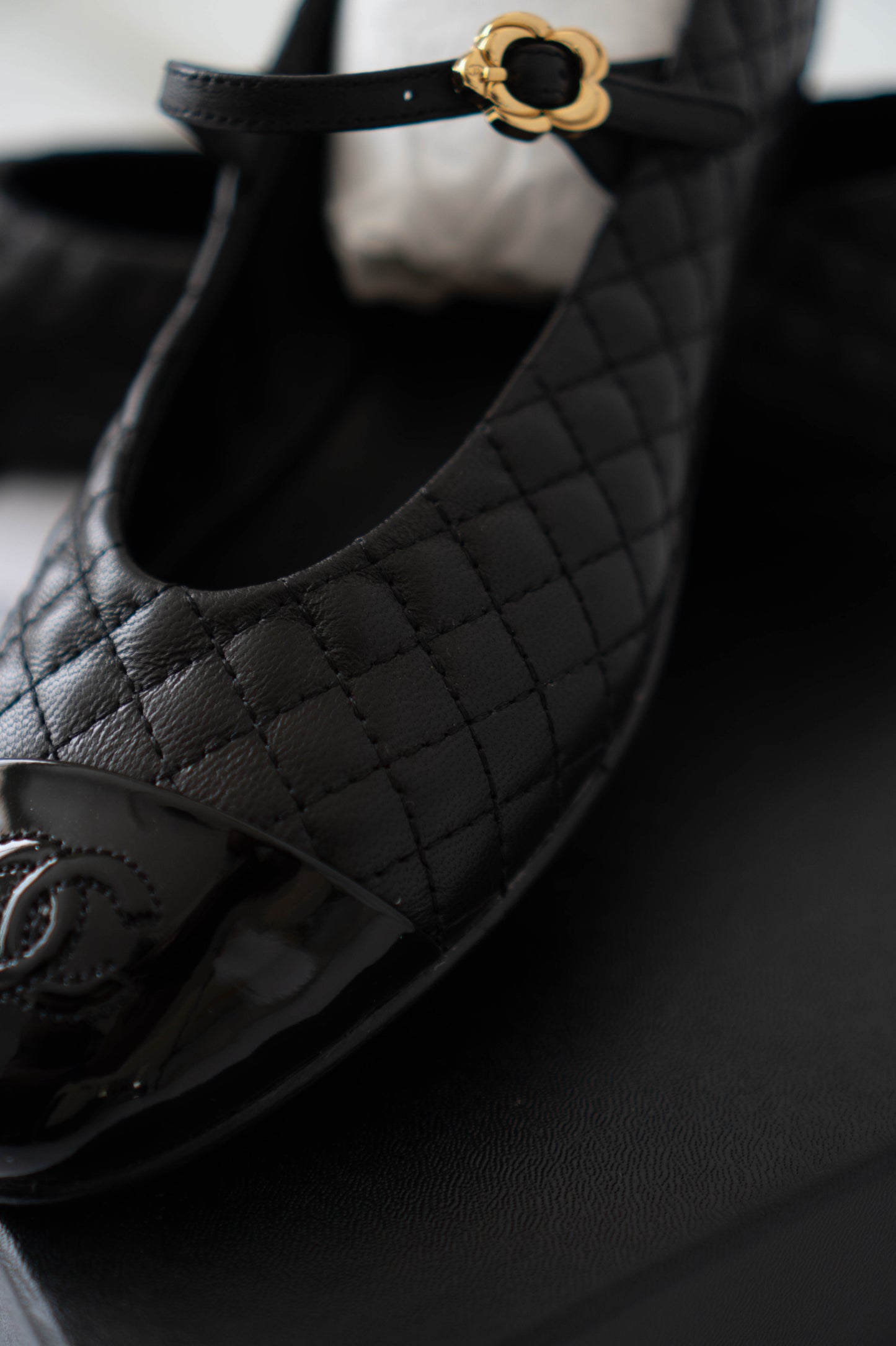 Quilted Ballerina Flats – Black Leather with Patent Toe Cap