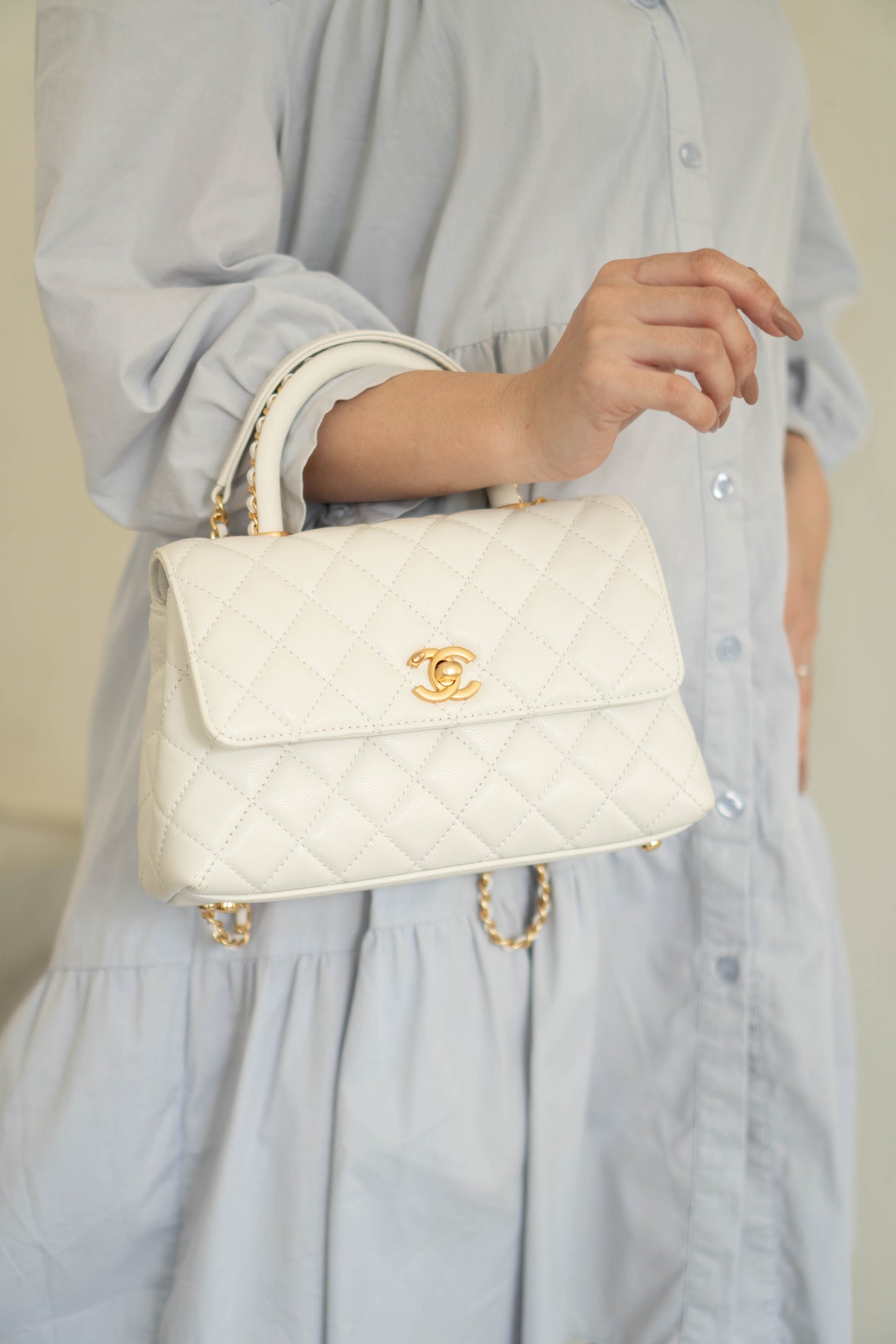Coco Handle Small Bag – White Quilted Leather with Gold Hardware (23P)
