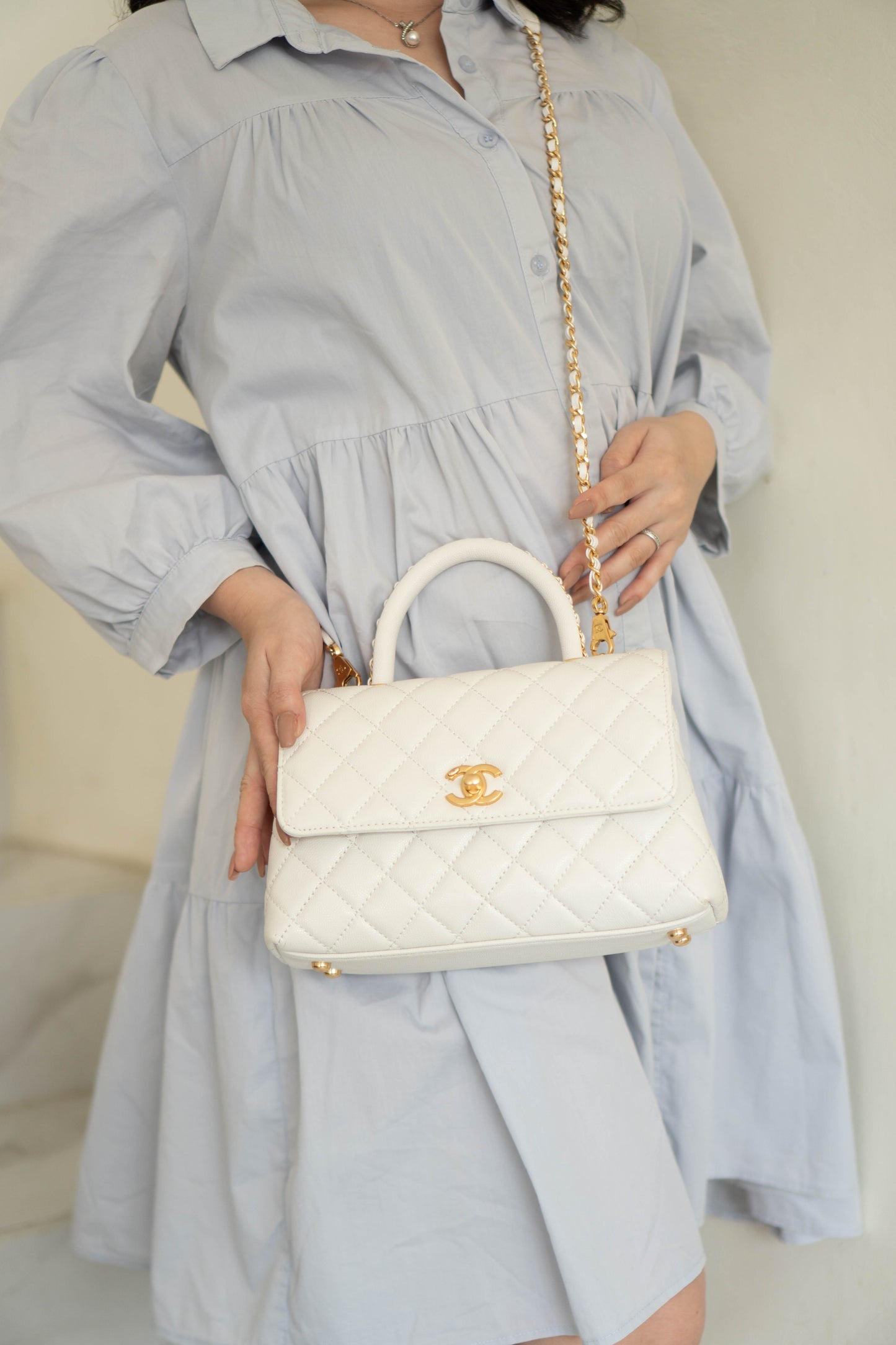 Coco Handle Small Bag – White Quilted Leather with Gold Hardware (23P)