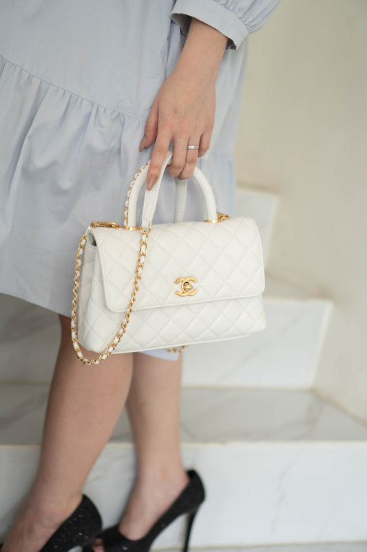 Coco Handle Small Bag – White Quilted Leather with Gold Hardware (23P)