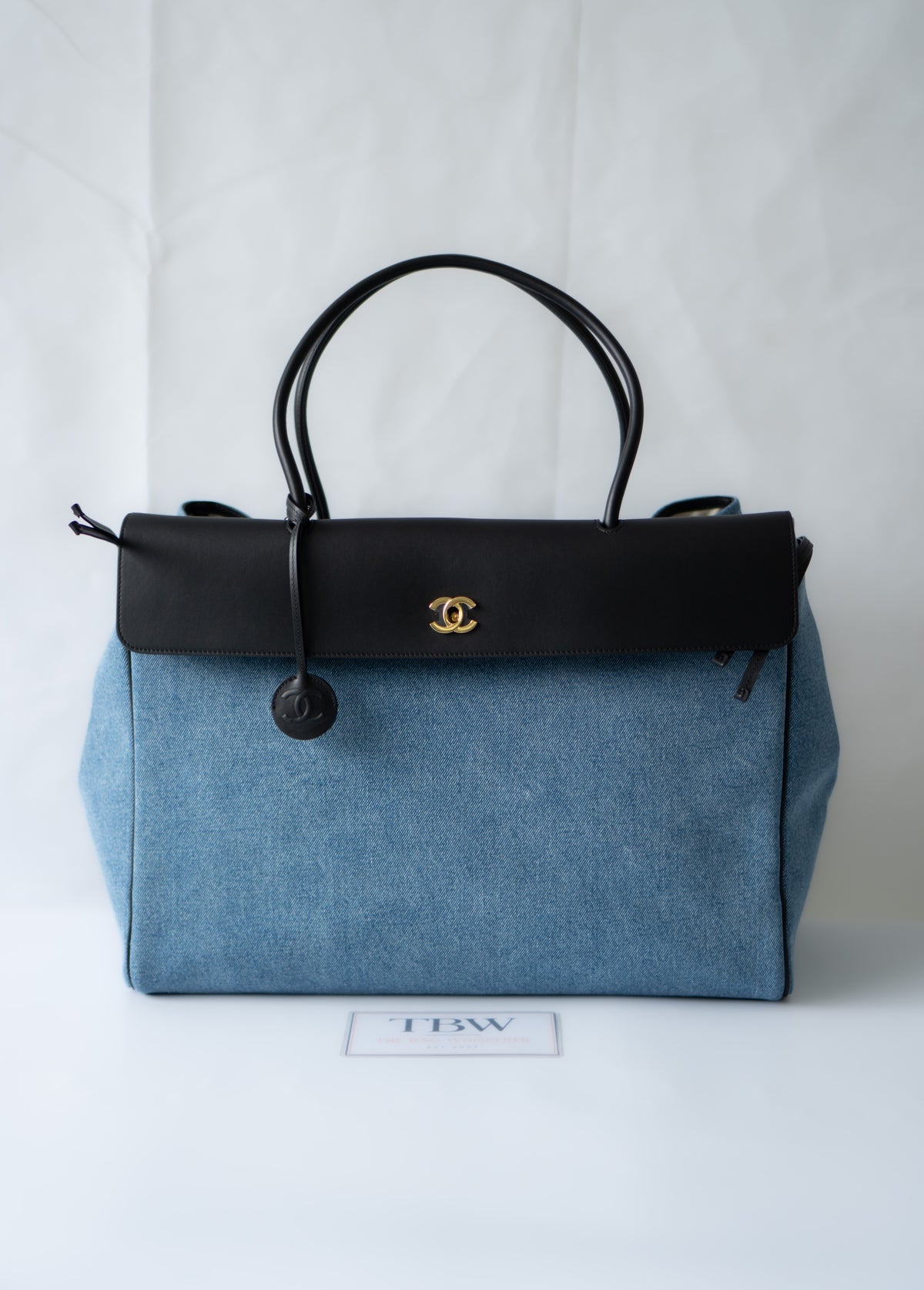 CC Large Shopping Bag – Blue Denim & Black Calfskin with Gold Hardware