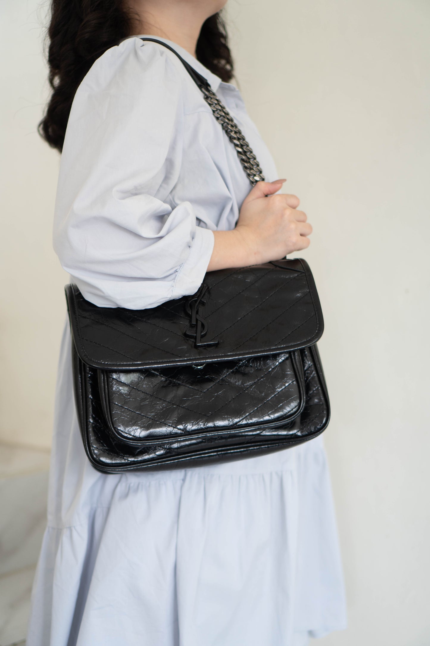 Nikki Bag – Black Crinkled Leather with Black Hardware (28 cm)