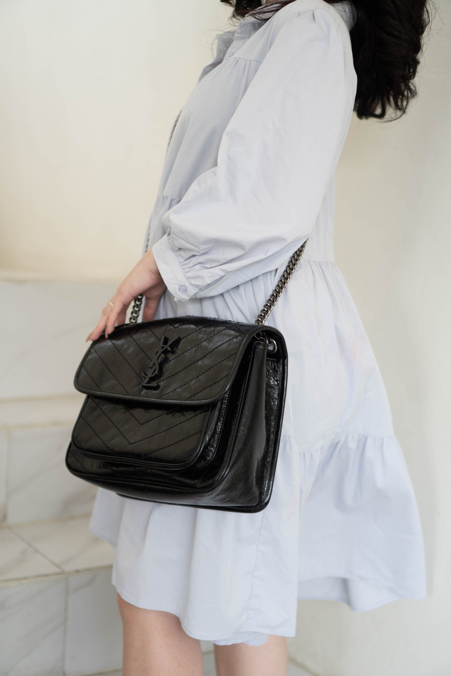 Nikki Bag – Black Crinkled Leather with Black Hardware (28 cm)
