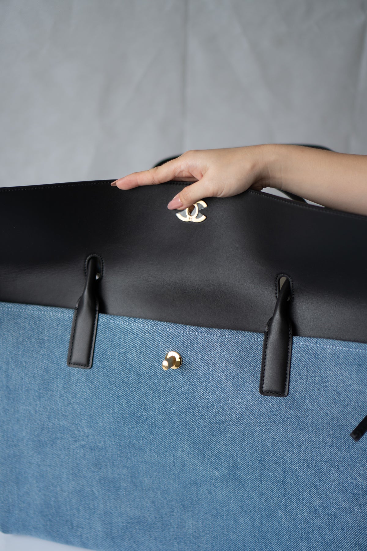 CC Large Shopping Bag – Blue Denim & Black Calfskin with Gold Hardware