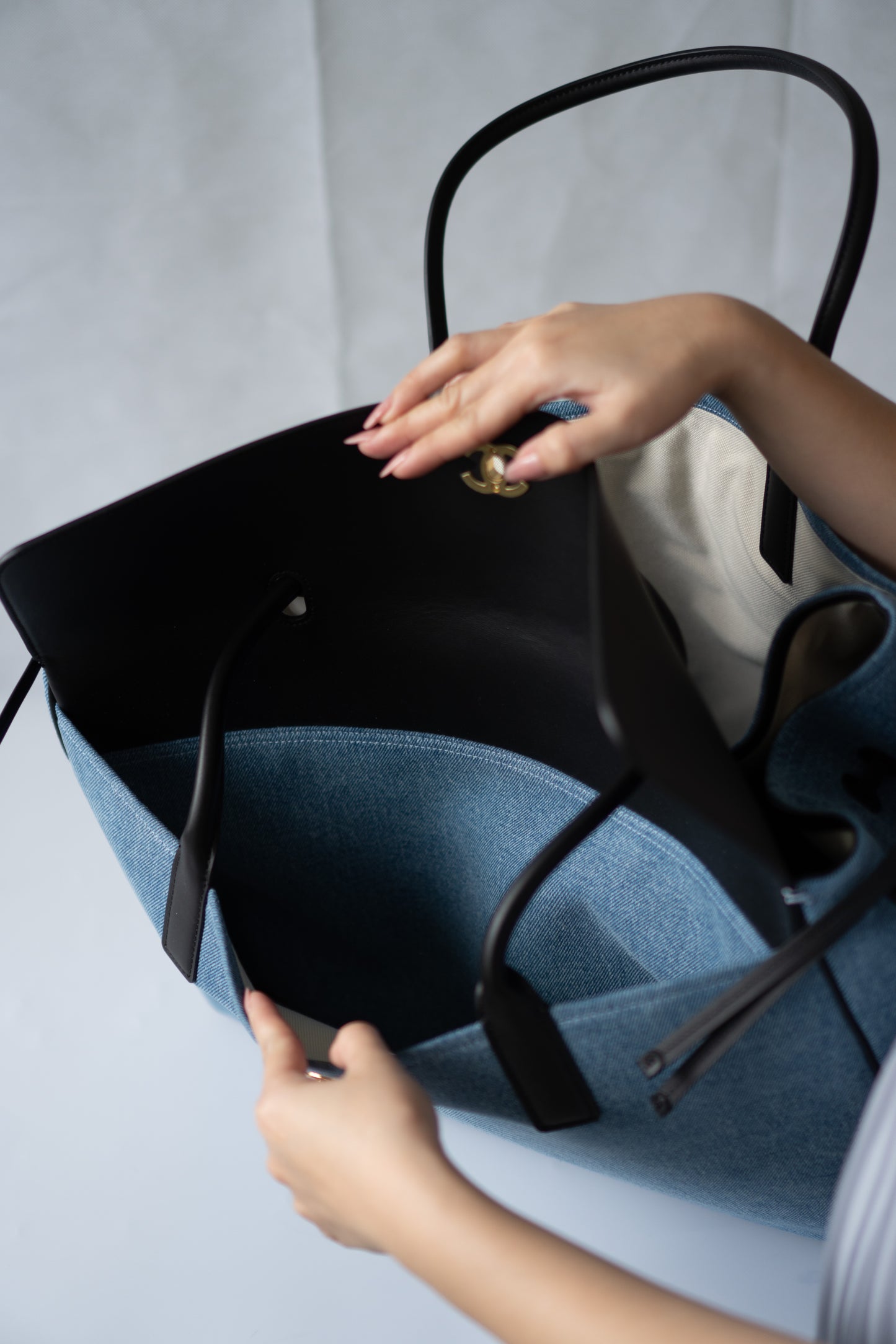 CC Large Shopping Bag – Blue Denim & Black Calfskin with Gold Hardware