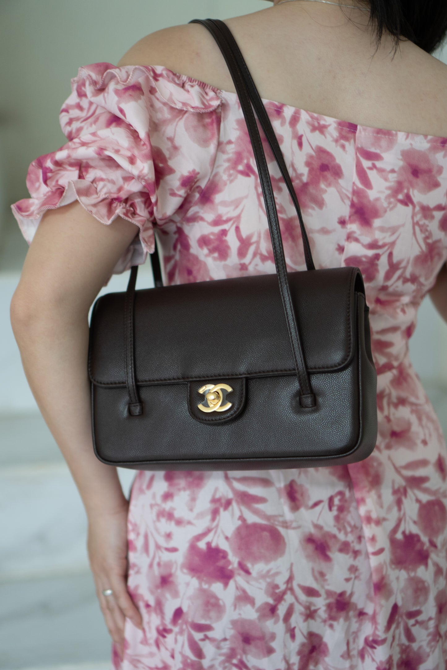 Minimal Flap Bag – Dark Brown Caviar Leather with Gold Hardware