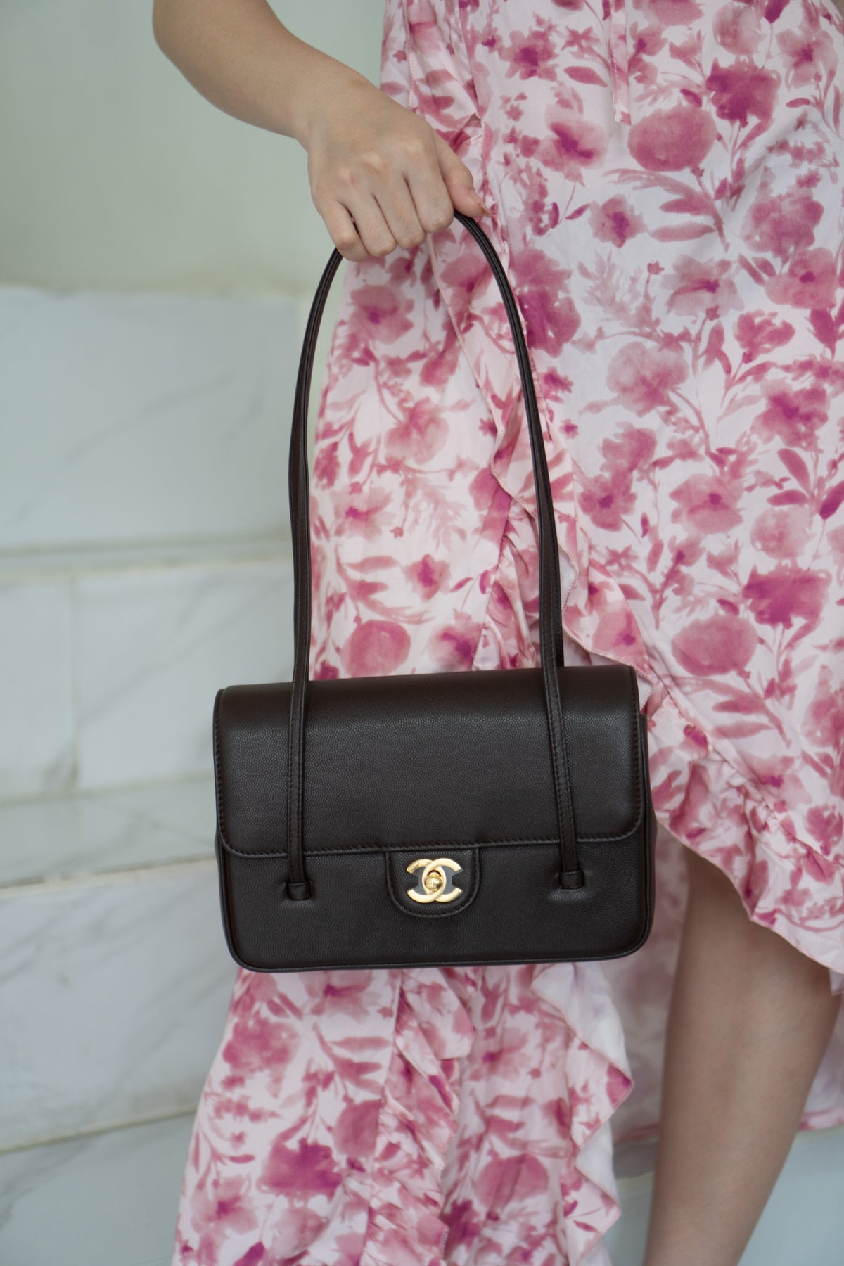 Minimal Flap Bag – Dark Brown Caviar Leather with Gold Hardware