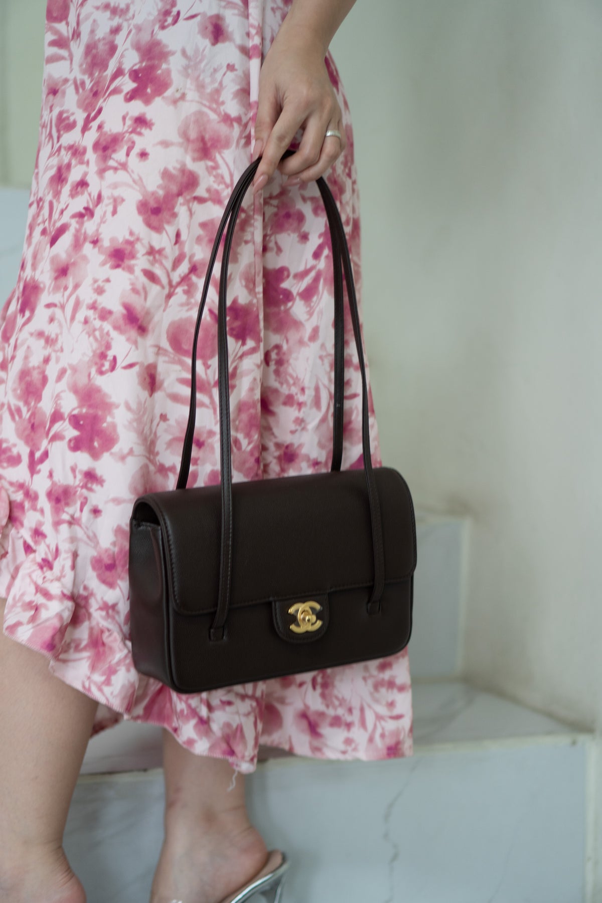 Minimal Flap Bag – Dark Brown Caviar Leather with Gold Hardware