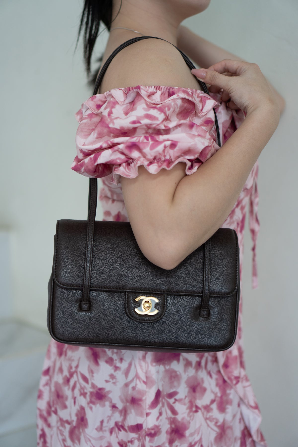 Minimal Flap Bag – Dark Brown Caviar Leather with Gold Hardware