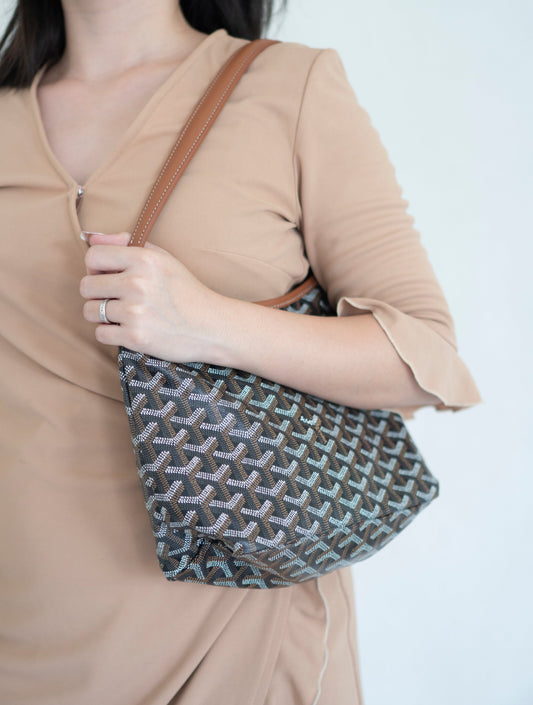 Bohème Mini Hobo Bag – Black &amp; Tan Goyardine Canvas with Tan Leather Trim