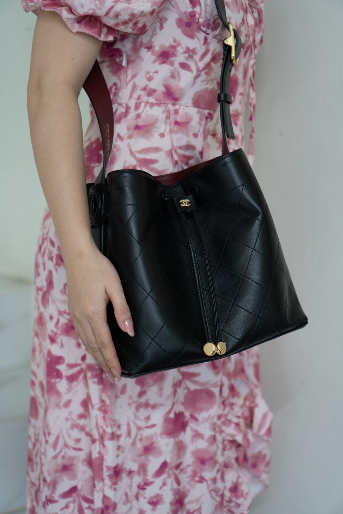CC Small Bucket Bag – Black Quilted Lambskin with Gold Hardware