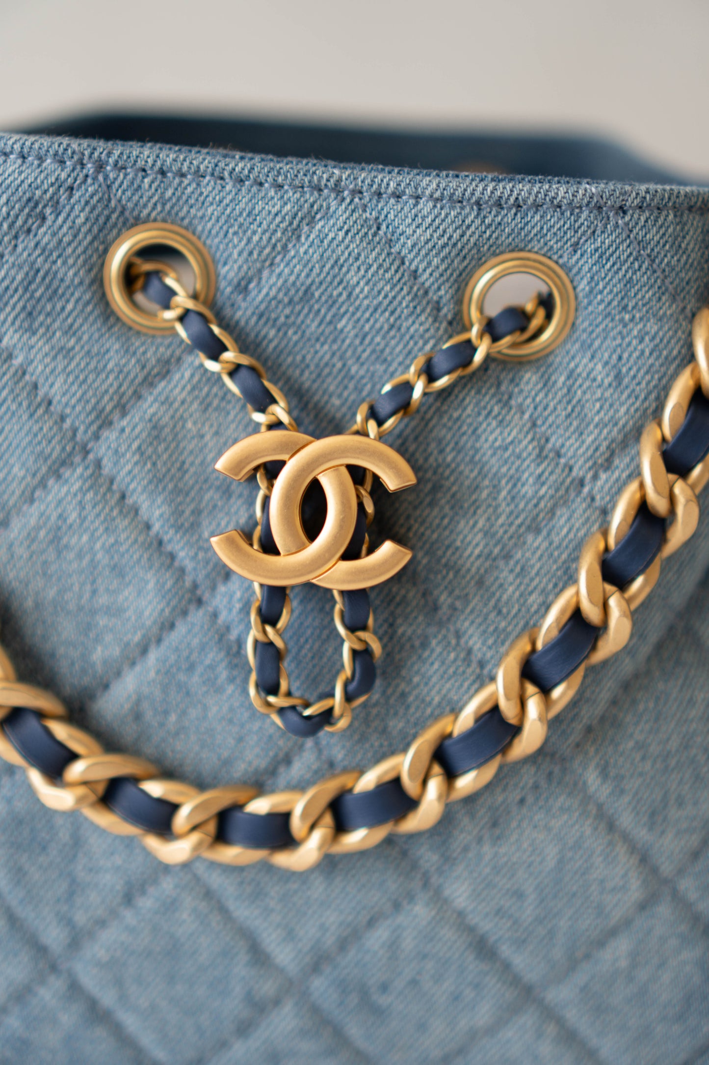 C25 Drawstring Bag – Denim Quilted Fabric with Gold Hardware (25s Collection)