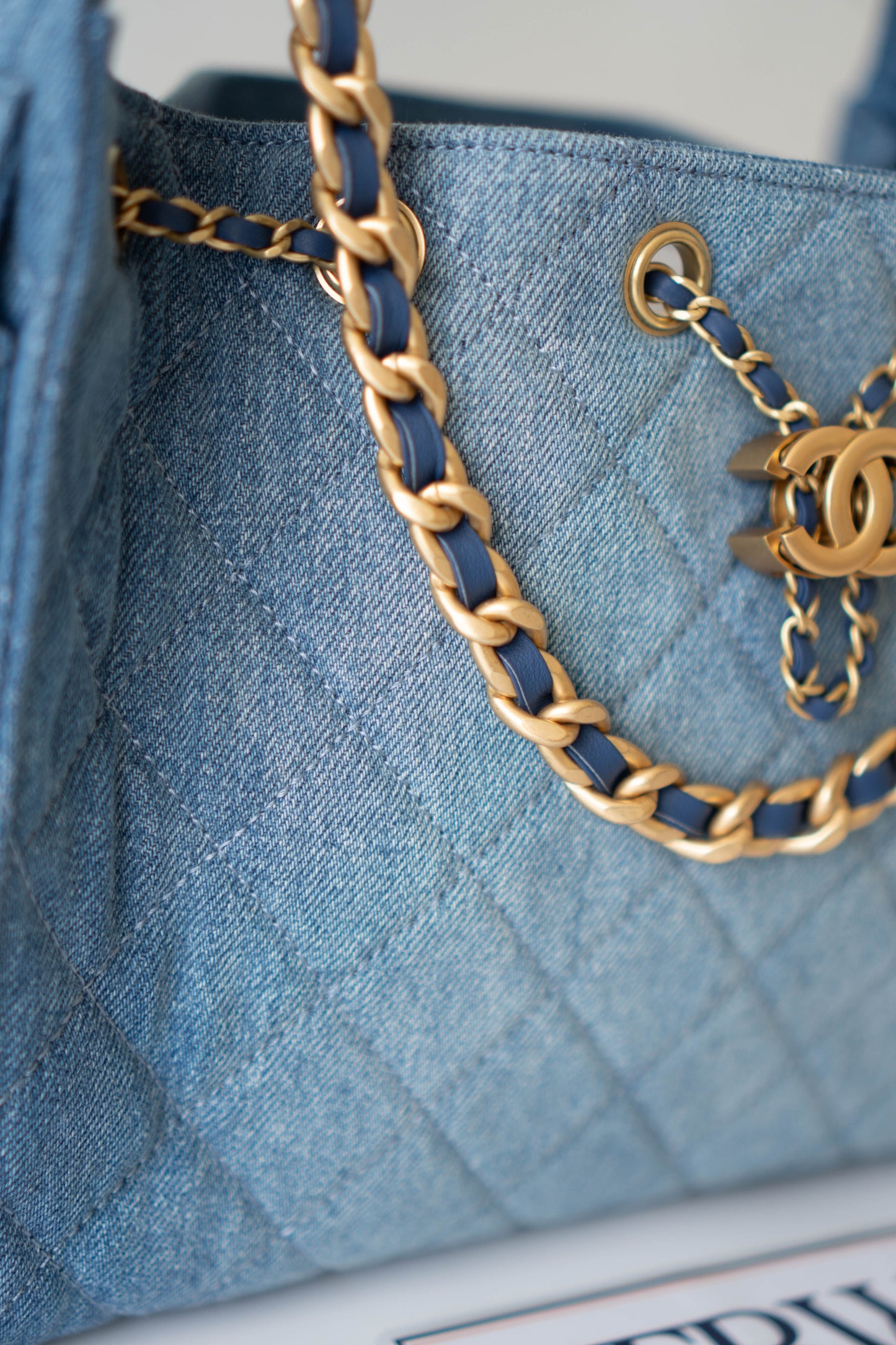 C25 Drawstring Bag – Denim Quilted Fabric with Gold Hardware (25s Collection)
