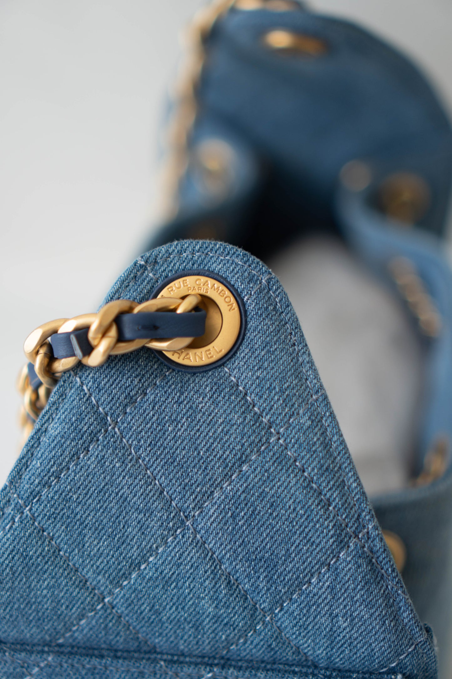 C25 Drawstring Bag – Denim Quilted Fabric with Gold Hardware (25s Collection)