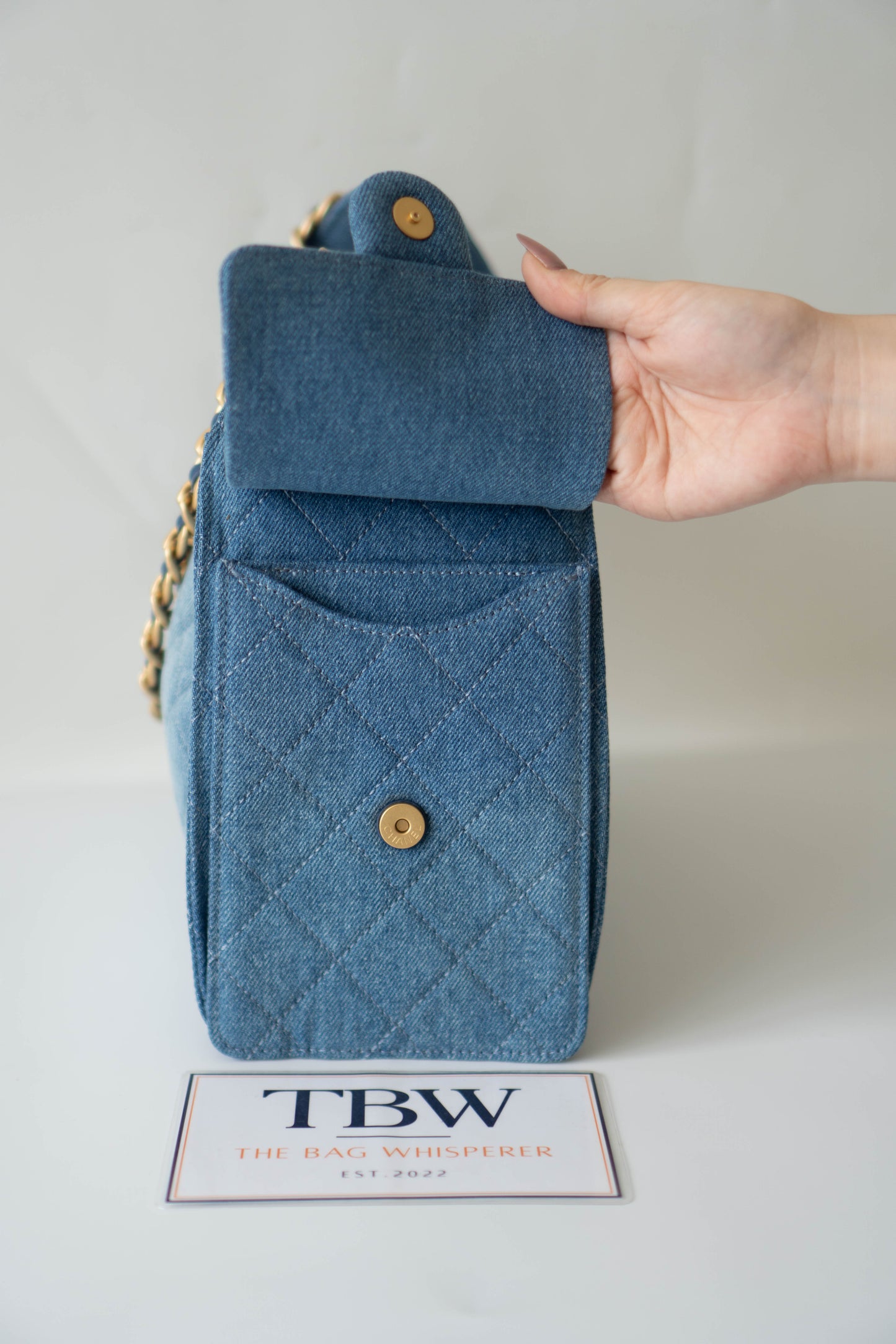 C25 Drawstring Bag – Denim Quilted Fabric with Gold Hardware (25s Collection)