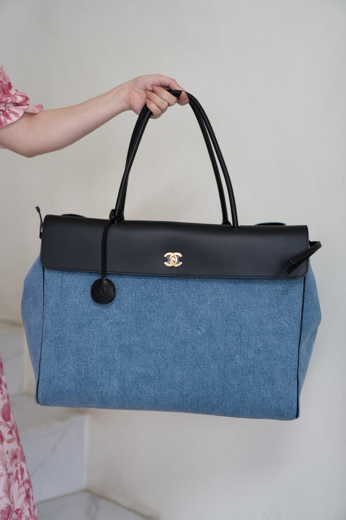 CC Large Shopping Bag – Blue Denim & Black Calfskin with Gold Hardware