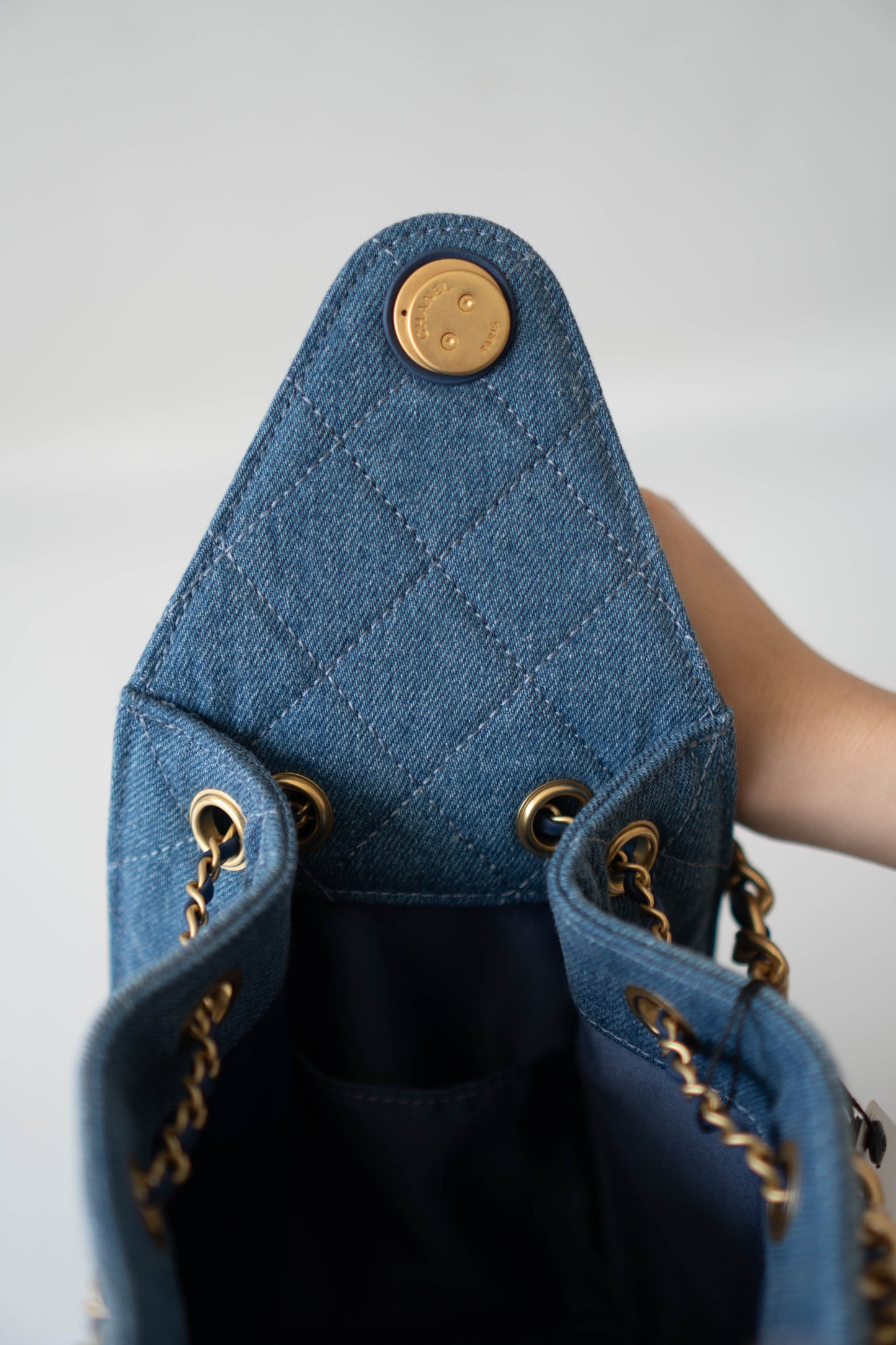 C25 Drawstring Bag – Denim Quilted Fabric with Gold Hardware (25s Collection)