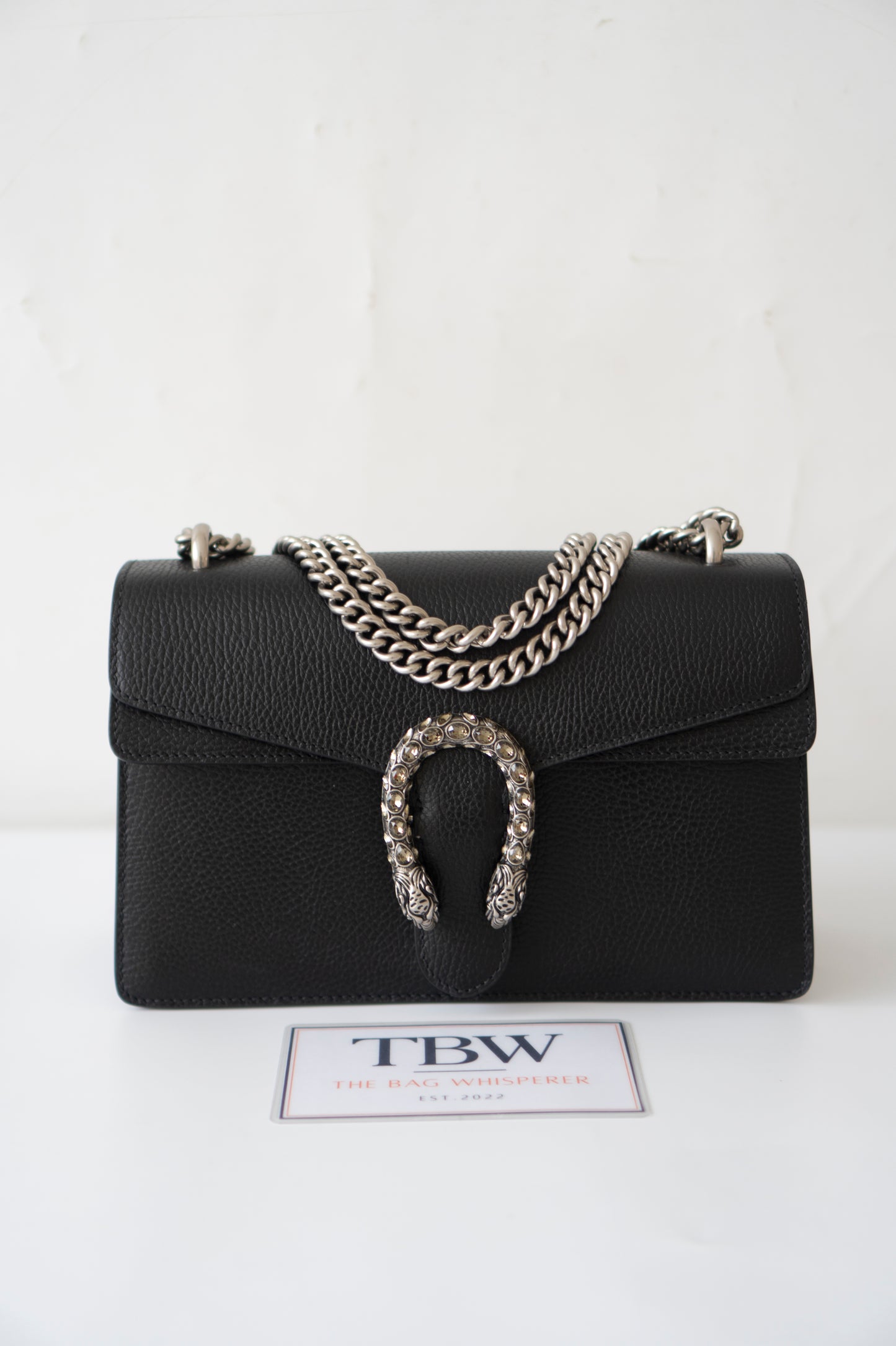 Dionysus Medium – Black Grained Leather with Crystal Tiger Head Closure